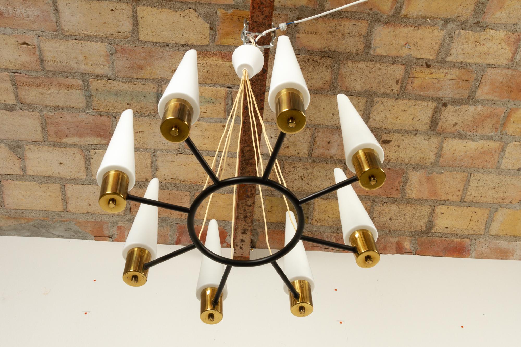 Mid-20th Century Vintage Midcentury Brass Chandelier with Opal Glass Shades, 1960s For Sale