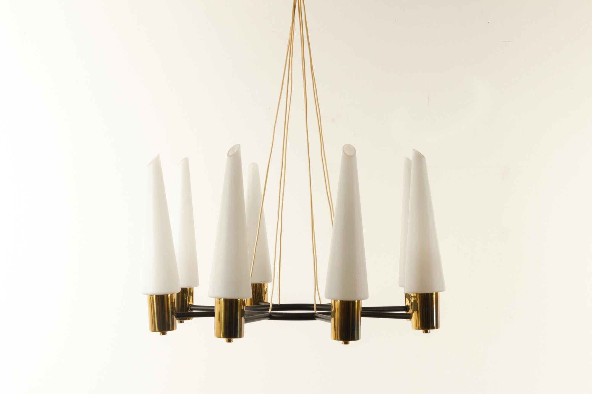 Metal Vintage Midcentury Brass Chandelier with Opal Glass Shades, 1960s For Sale