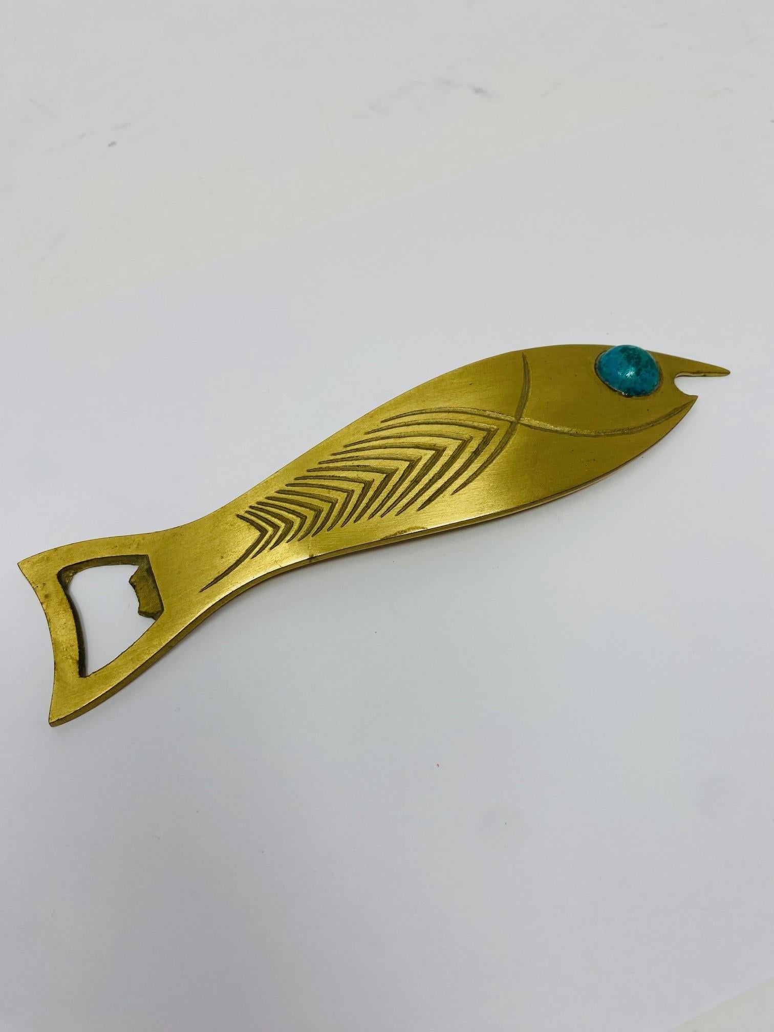 Hand-Crafted Vintage Mid Century Brass Fish Sculpted Bottle Opener For Sale