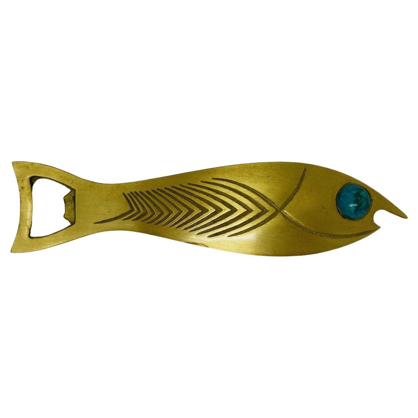 Old Corkscrew Brass Bottle Opener Fish Shape Mid Century 1950s