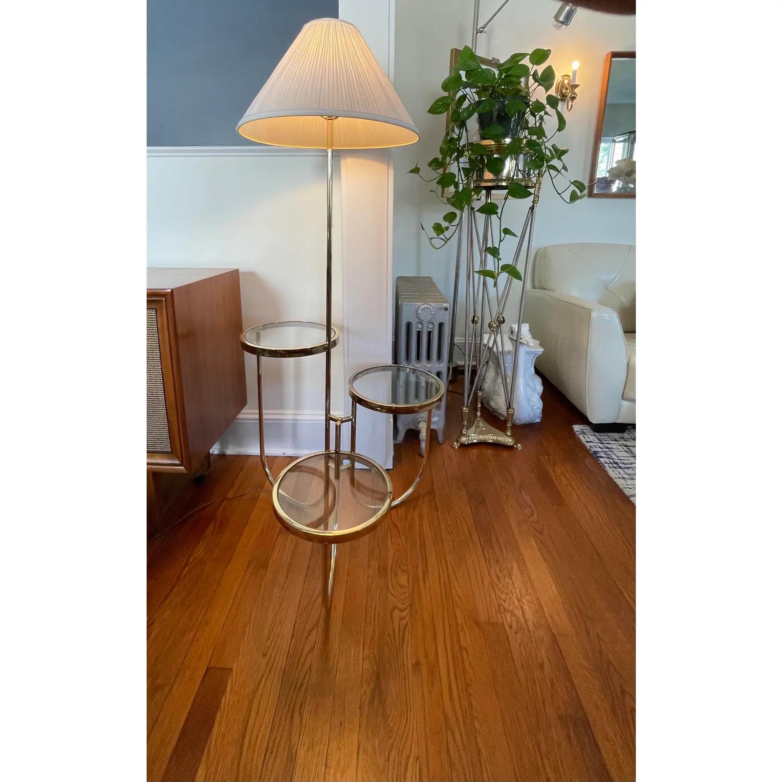 Vintage Mid Century Brass Floor Lamp With Three Circular Built-In Stand Tables For Sale 5