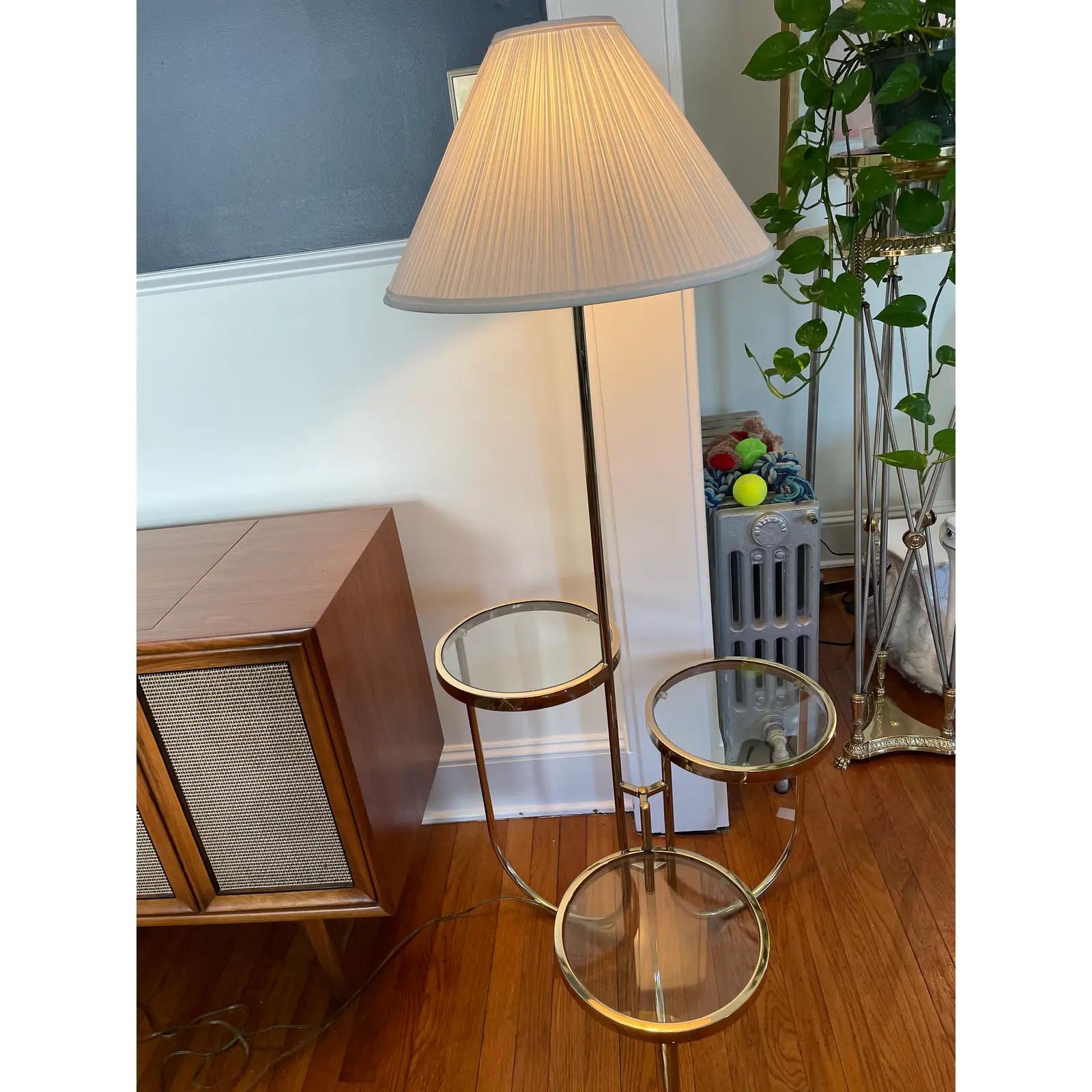 Mid-Century Modern Vintage Mid Century Brass Floor Lamp With Three Circular Built-In Stand Tables For Sale