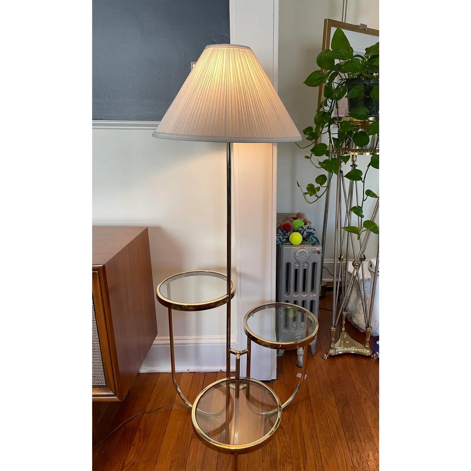 Unknown Vintage Mid Century Brass Floor Lamp With Three Circular Built-In Stand Tables For Sale