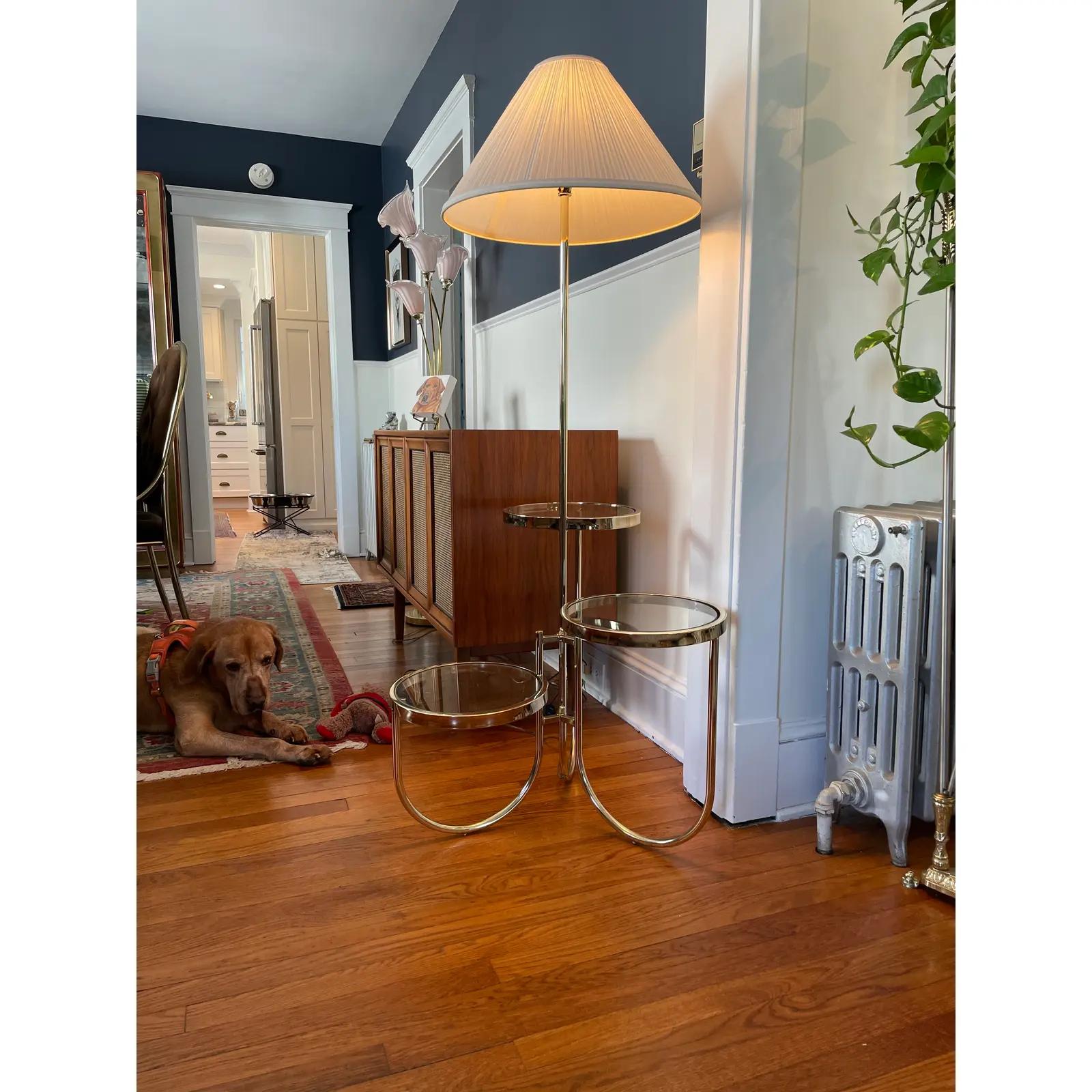 Vintage Mid Century Brass Floor Lamp With Three Circular Built-In Stand Tables In Good Condition For Sale In W Allenhurst, NJ