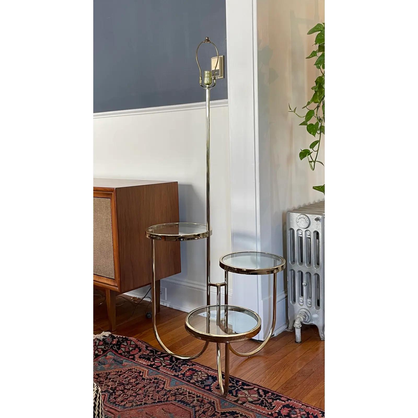 20th Century Vintage Mid Century Brass Floor Lamp With Three Circular Built-In Stand Tables For Sale