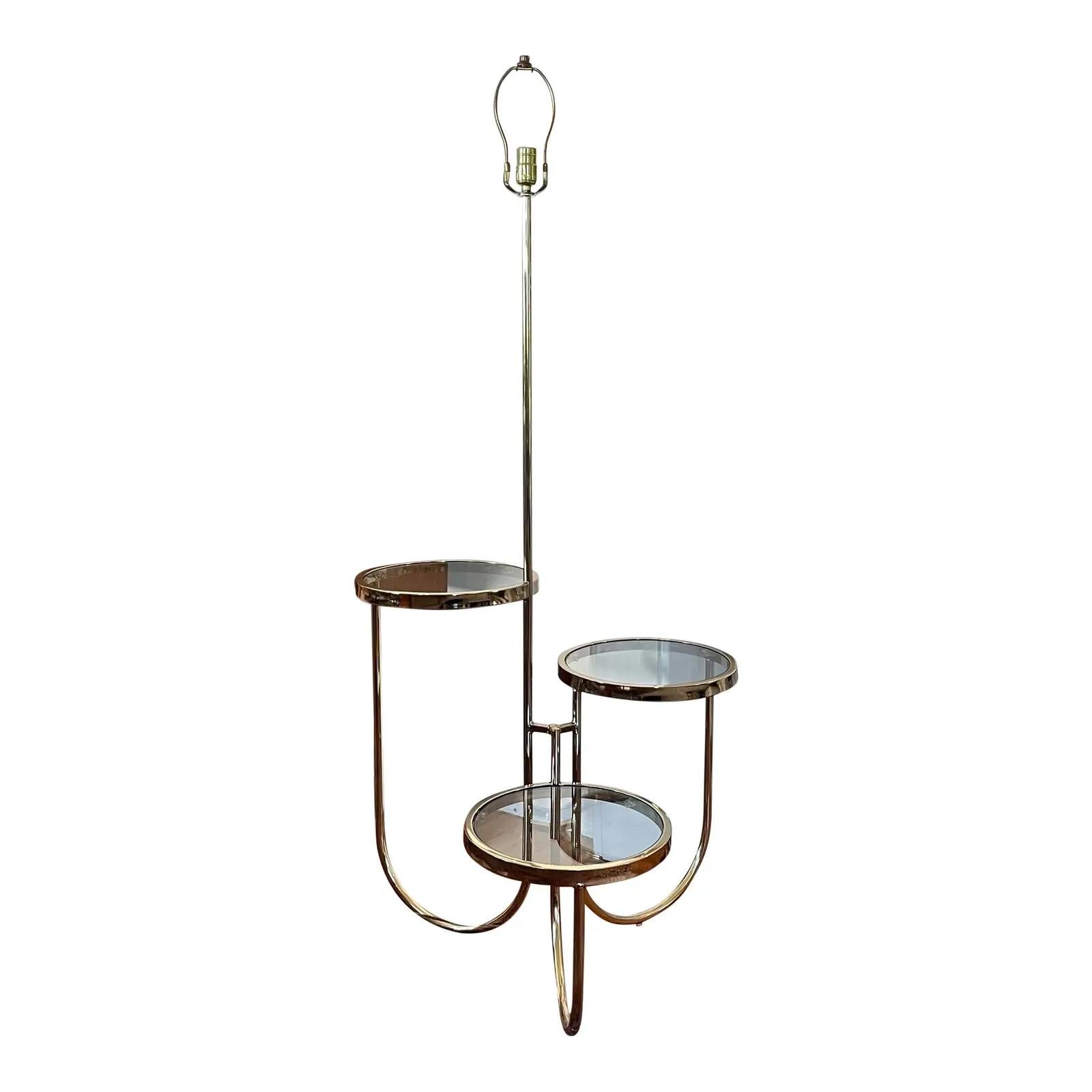 Vintage Mid Century Brass Floor Lamp With Three Circular Built-In Stand Tables 1
