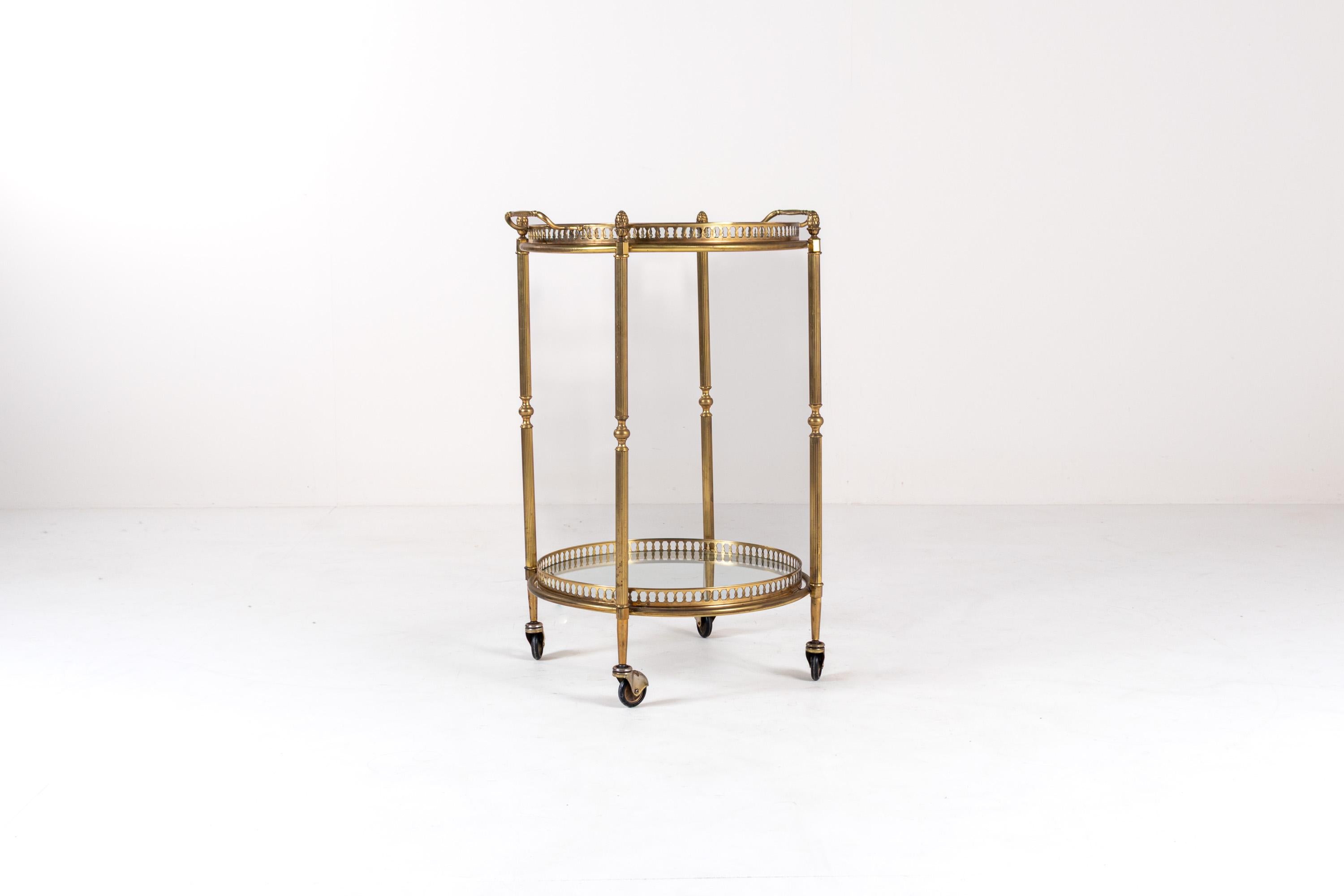 Mid-20th Century Vintage Mid-Century Brass & Glass Bar Cart, Hollywood Regency Serving Cart For Sale
