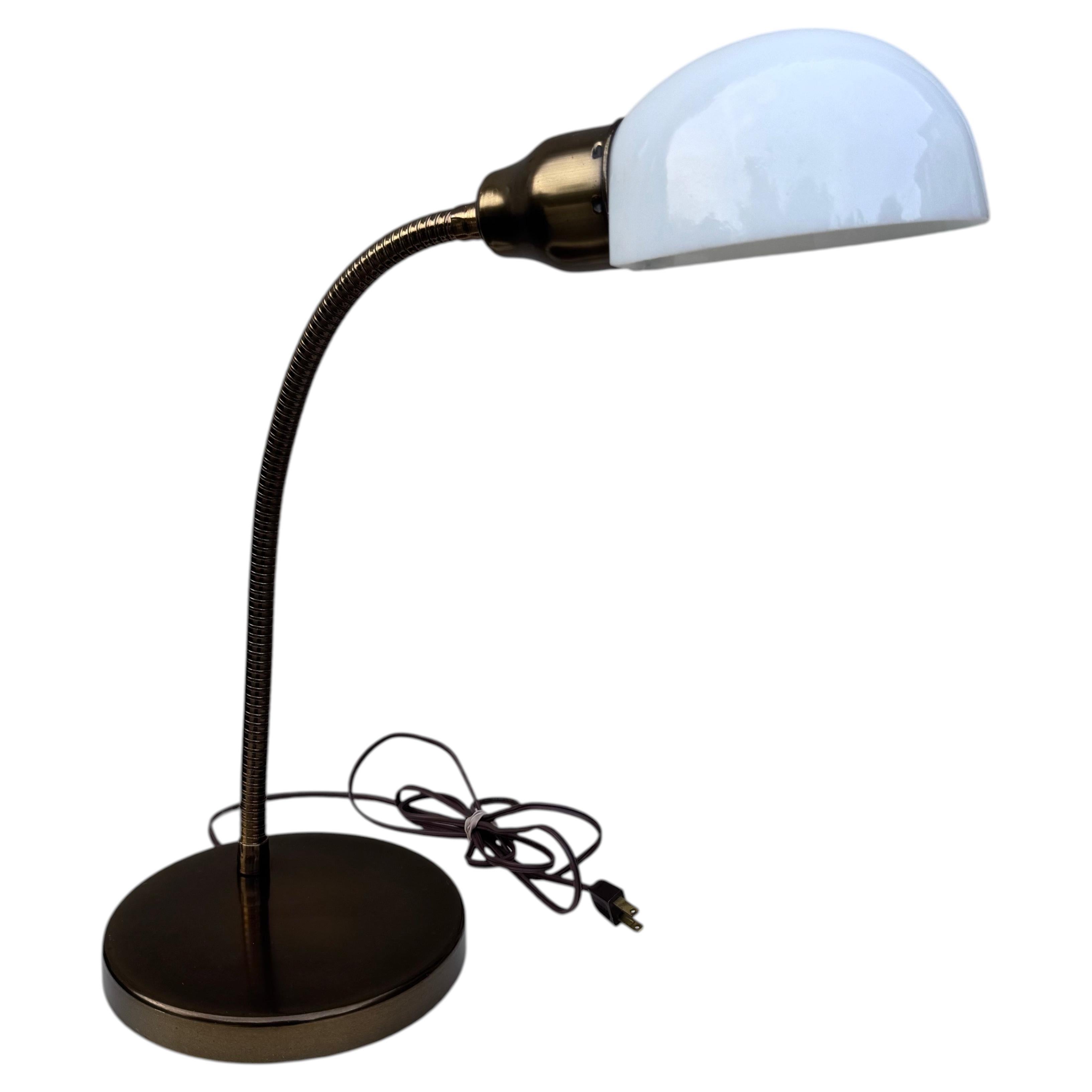 Vintage Mid-Century Brass Gooseneck Desk Lamp with Milk Glass Shade, circa 1960 For Sale