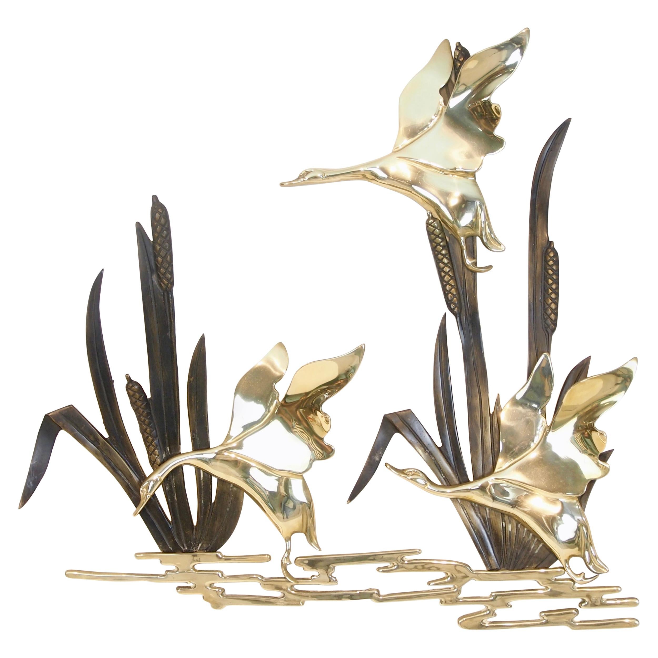 Vintage mid century brass Hollywood Regency wall decoration with 3 flying geese