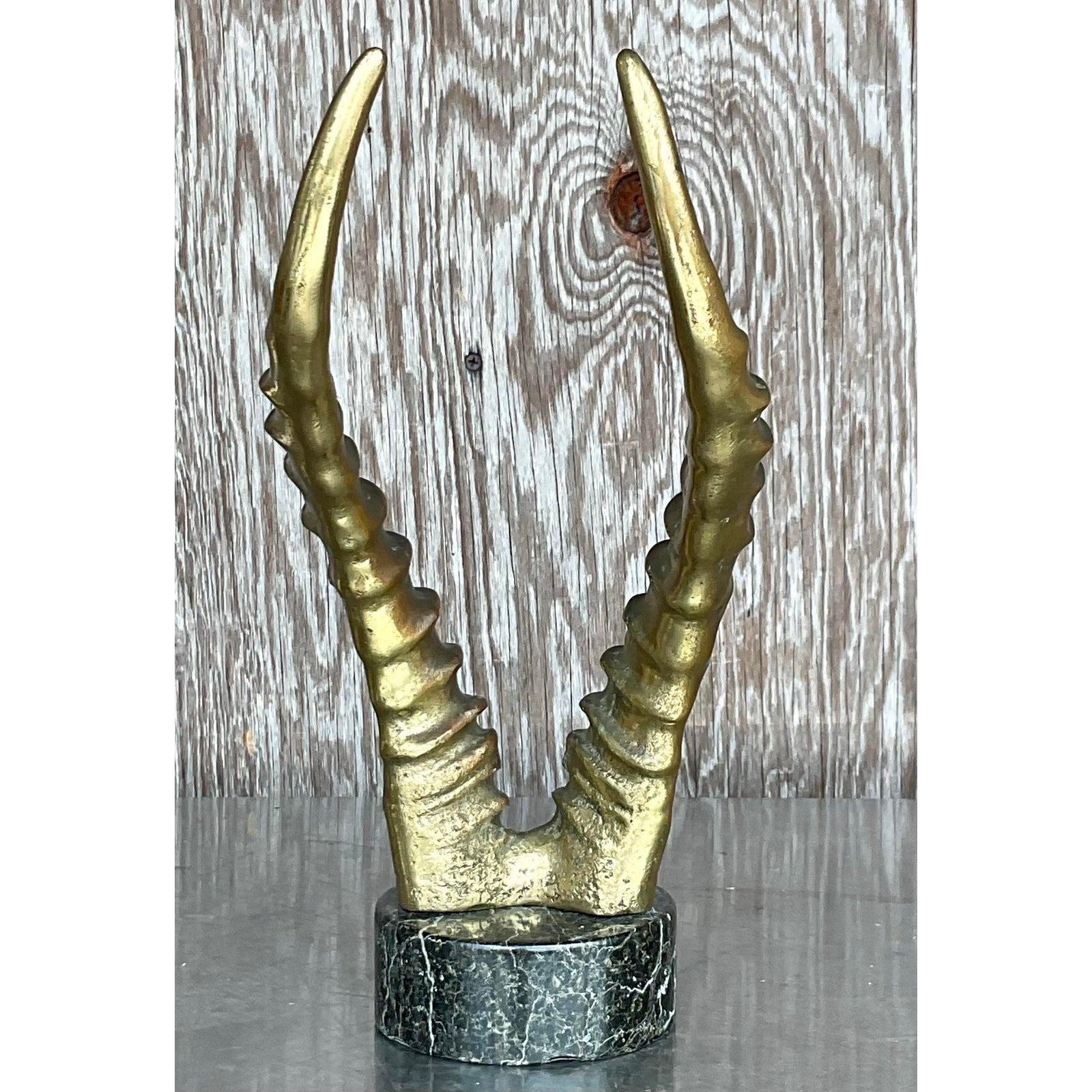 Bohemian Vintage Mid-Century Bronze Antelope Horn Sculpture For Sale