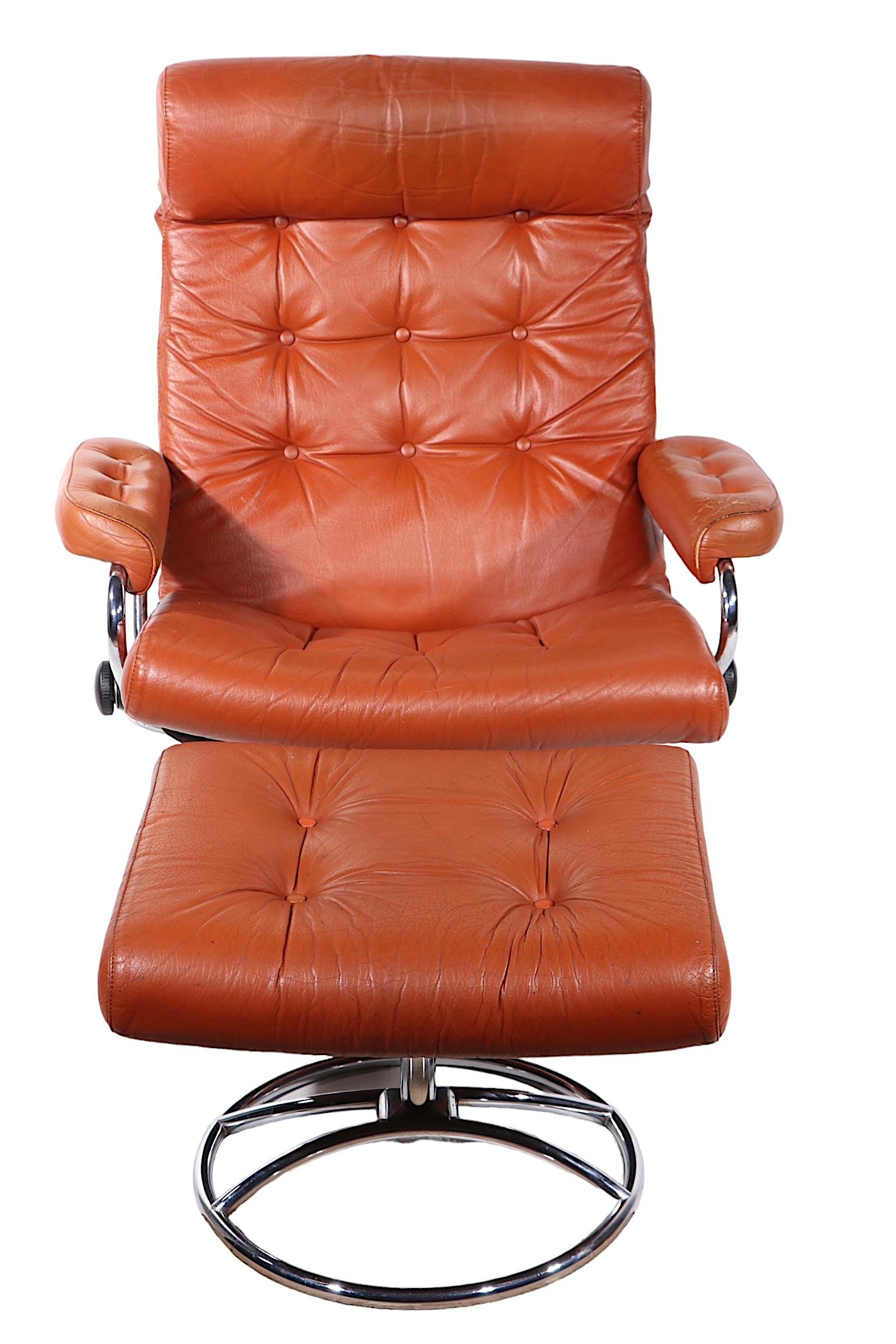 Vintage Mid Century  Brown Leather and Chrome Reclining Chair by Ekornes 2