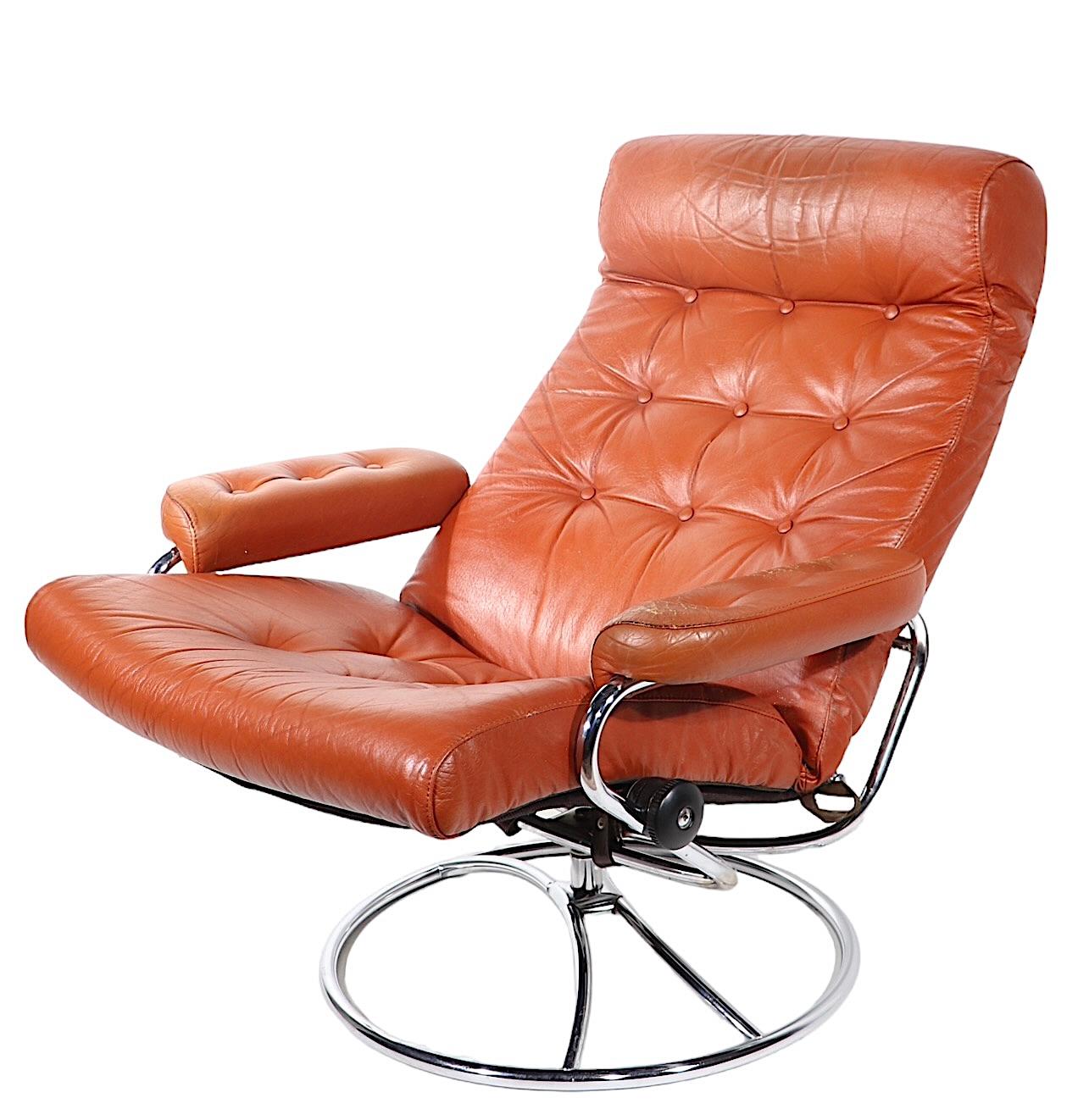 Mid-Century Modern Vintage Mid Century  Brown Leather and Chrome Reclining Chair by Ekornes