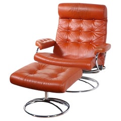 Vintage Mid Century Chaise inclinable en cuir Brown et chrome par Ekornes
