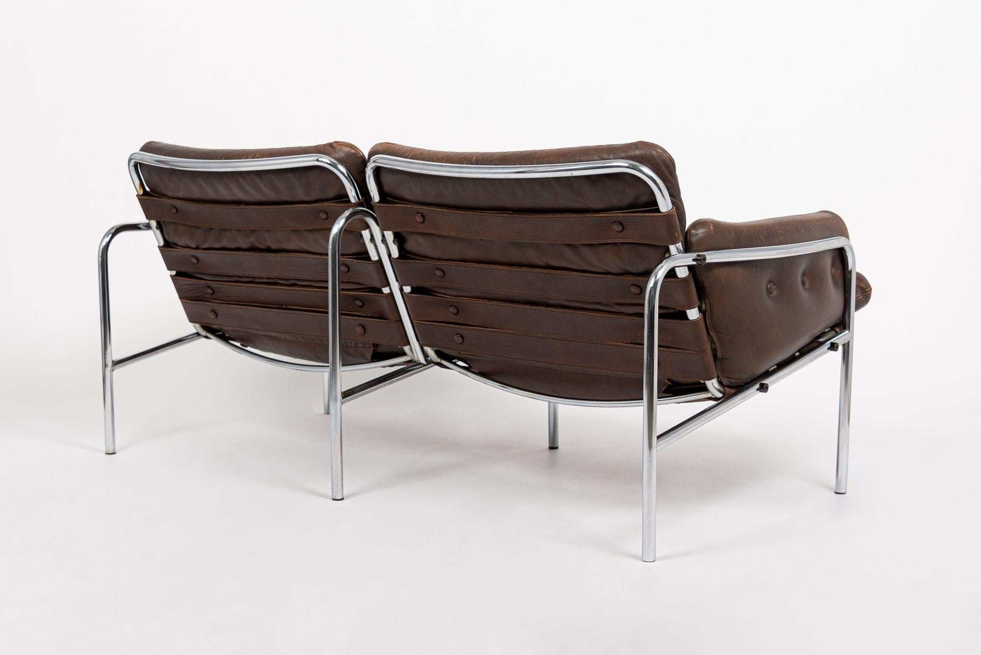 Vintage Mid Century Brown Leather Loveseat Sofa 1970s 4