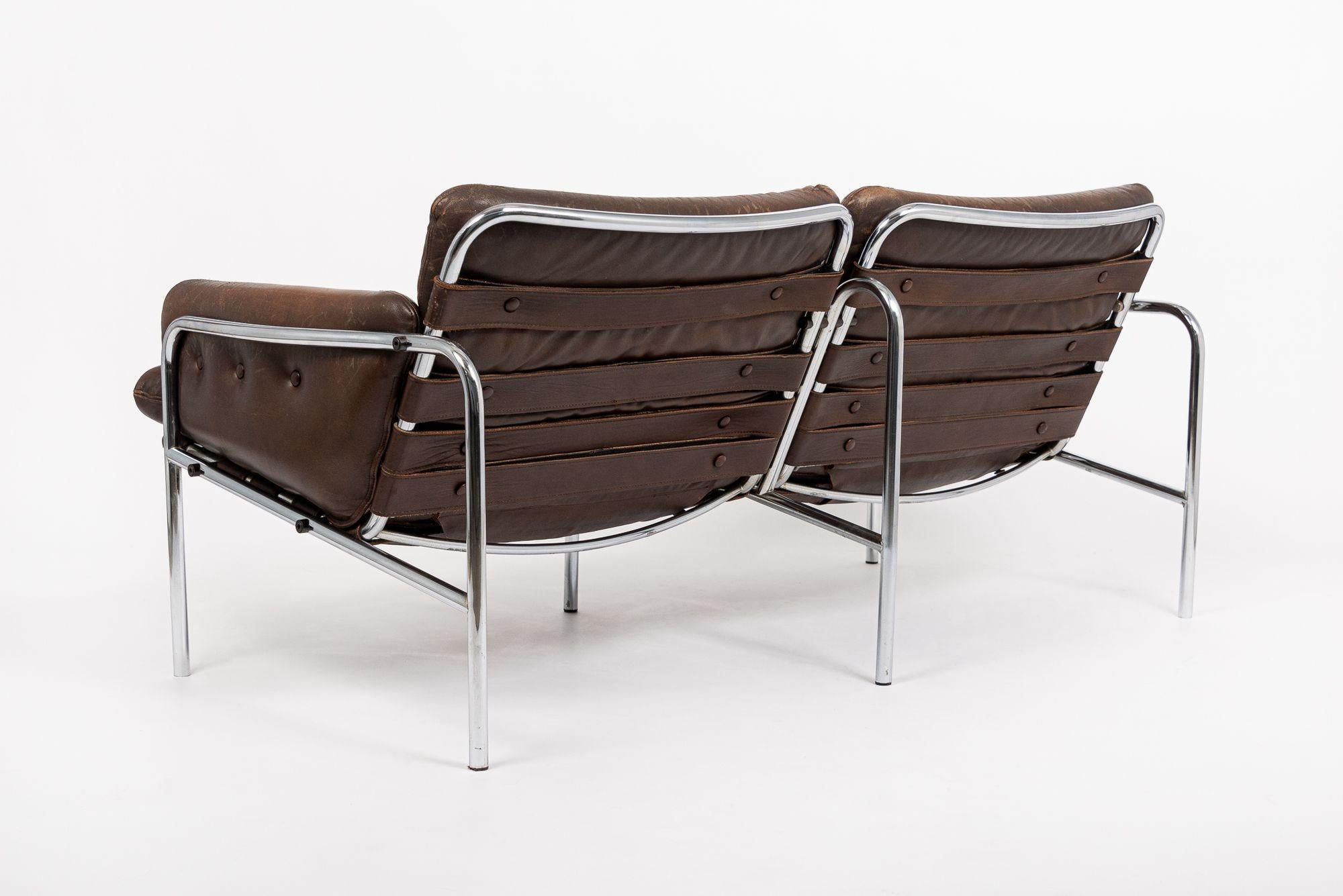 Vintage Mid Century Brown Leather Loveseat Sofa 1970s 6