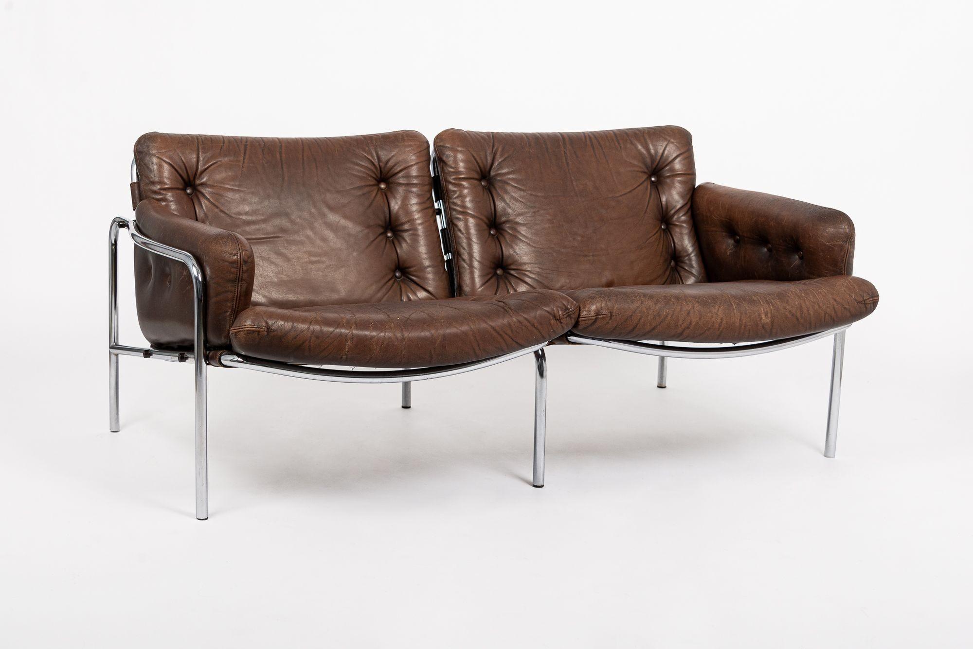 Mid-Century Modern Vintage Mid Century Brown Leather Loveseat Sofa 1970s