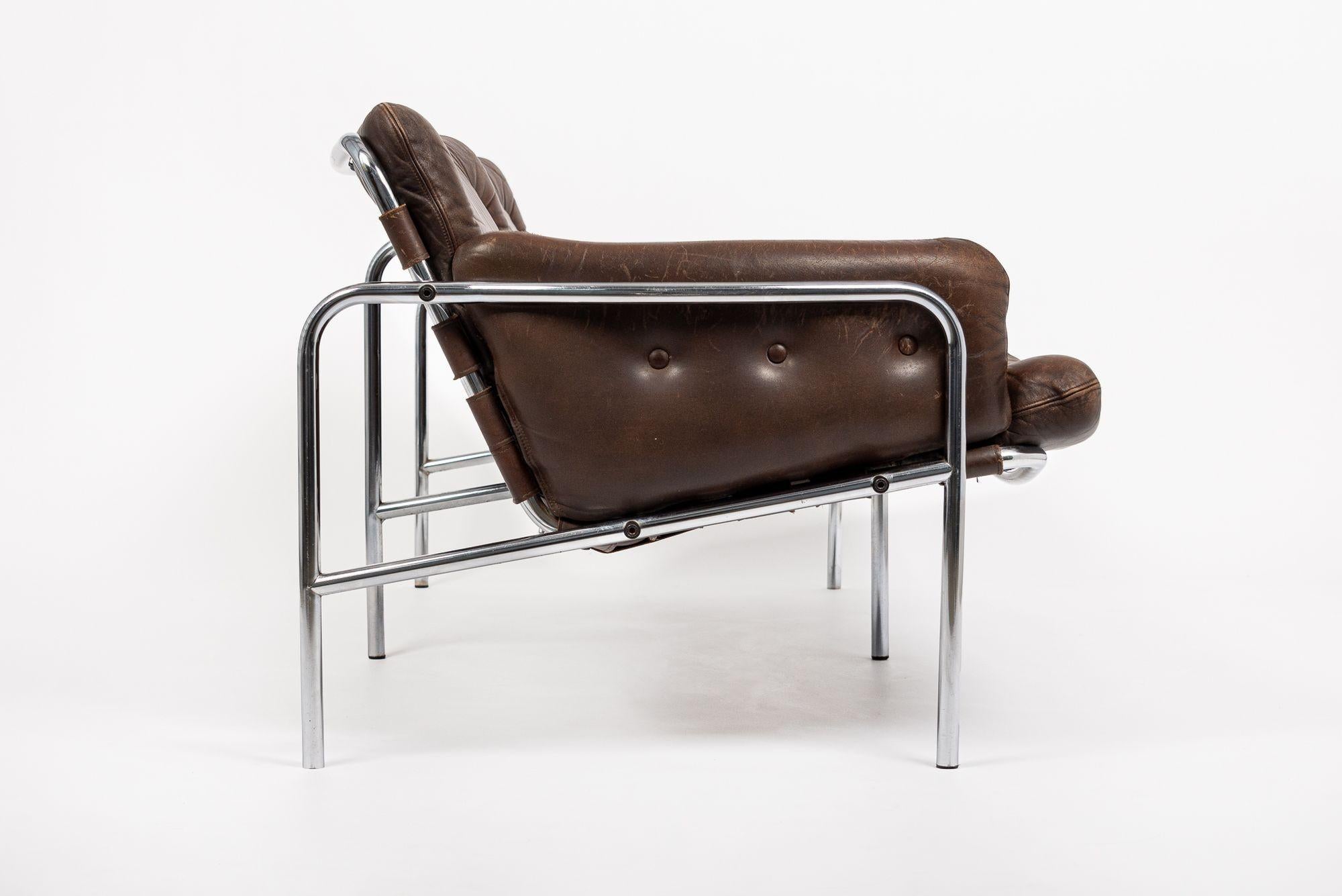Late 20th Century Vintage Mid Century Brown Leather Loveseat Sofa 1970s