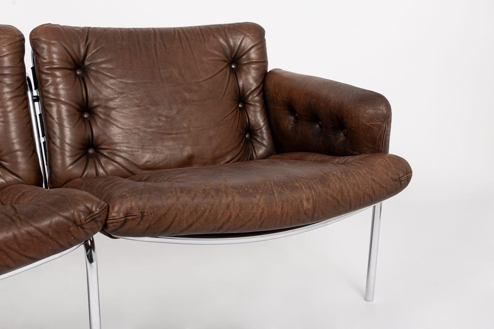 Steel Vintage Mid Century Brown Leather Loveseat Sofa 1970s
