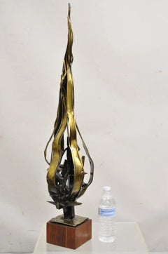 Vintage Mid Century Brutalist "Flame" Brass Metal & Walnut Sculpture Signed, Ry