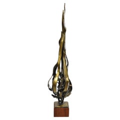 Vintage Mid Century Brutalist "Flame" Brass Metal & Walnut Sculpture Signed, Ry