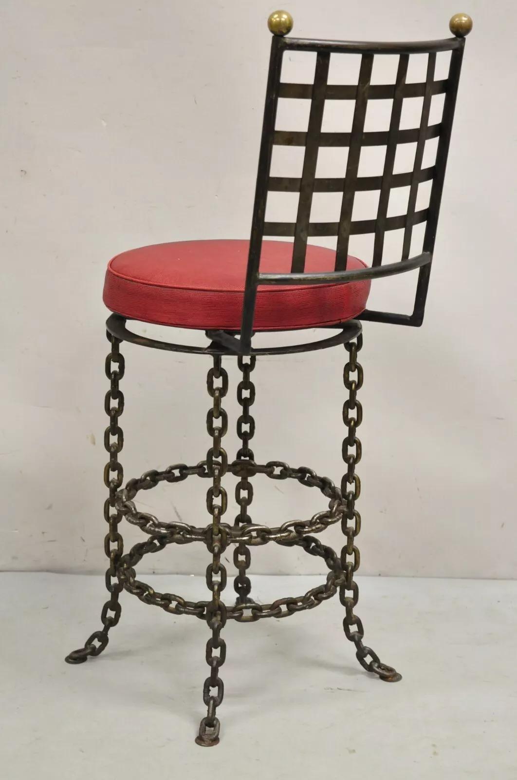 Vintage Mid Century Brutalist Iron Chain Link Swivel Counter Bar Stool Set of 4 For Sale 4