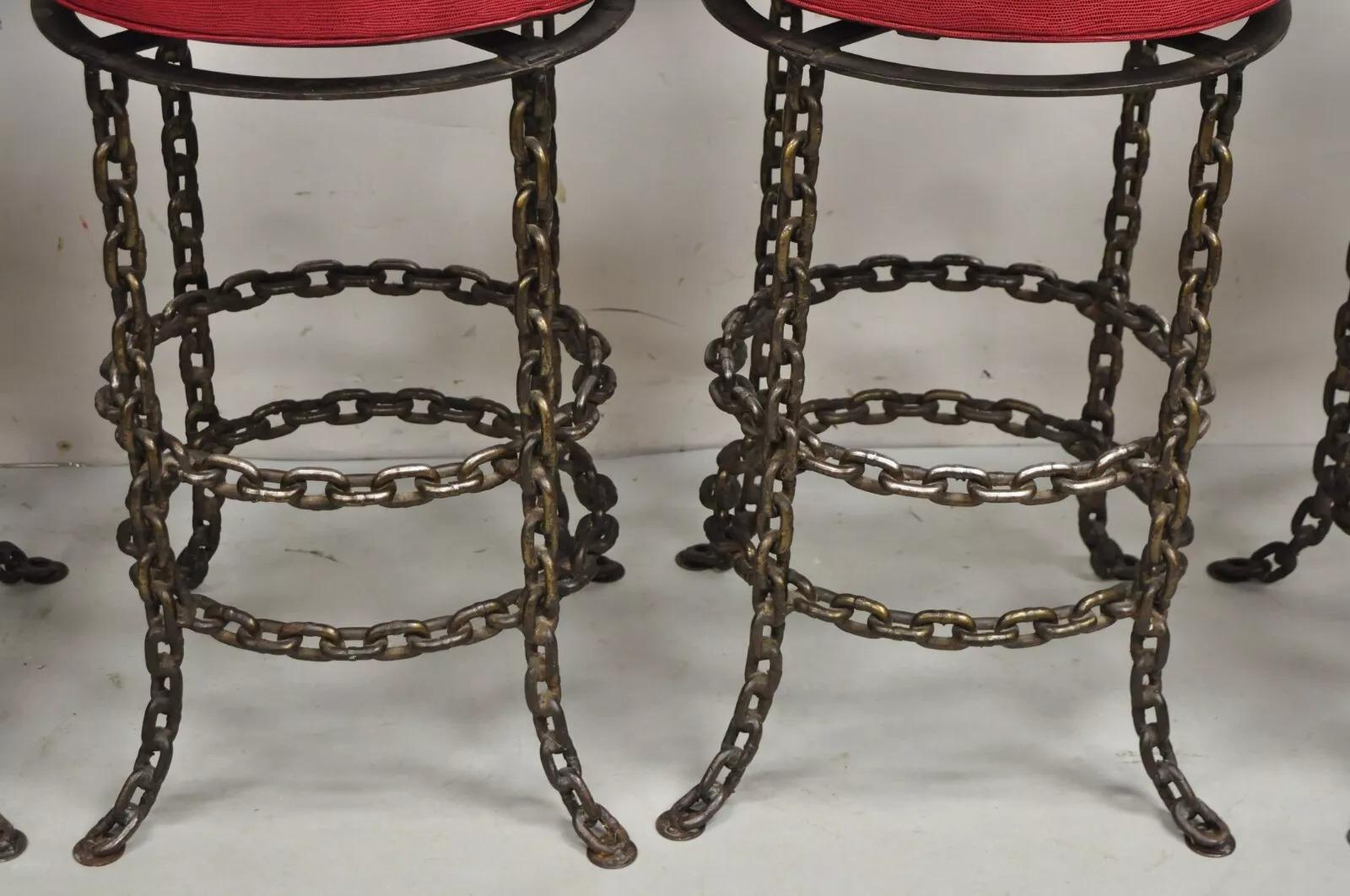 Vintage Mid Century Brutalist Iron Chain Link Swivel Counter Bar Stool Set of 4 For Sale 5