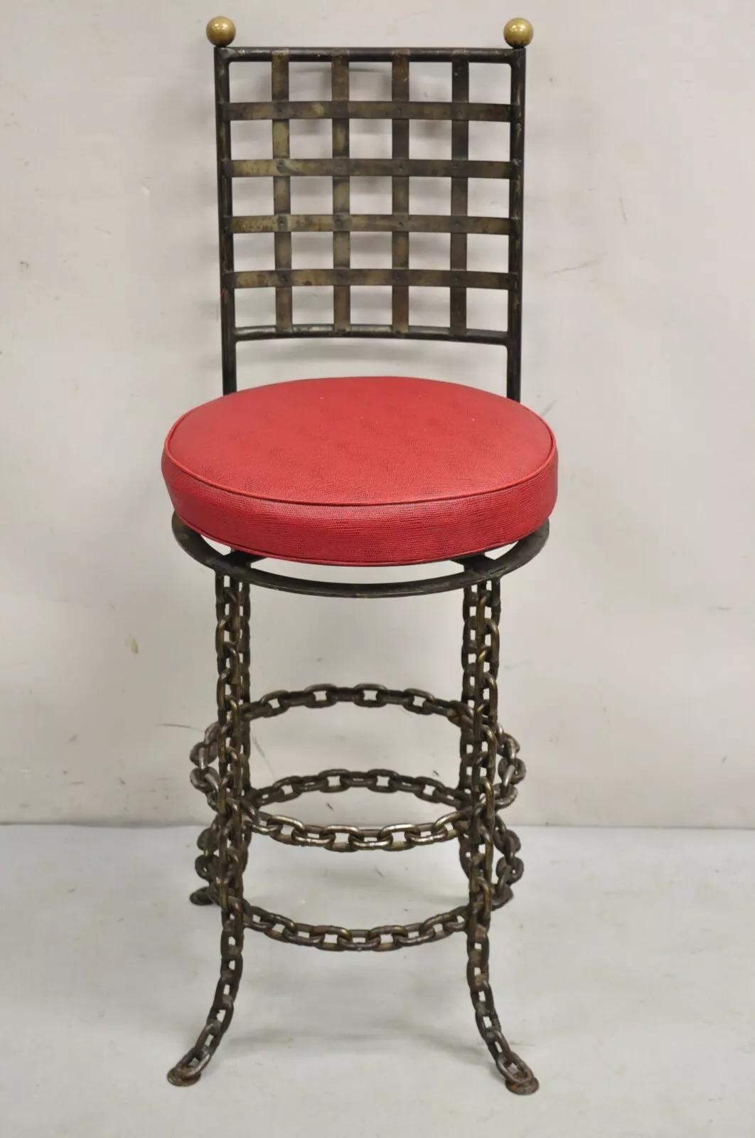 Vintage Mid Century Brutalist Iron Chain Link Swivel Counter Bar Stool Set of 4 For Sale 6