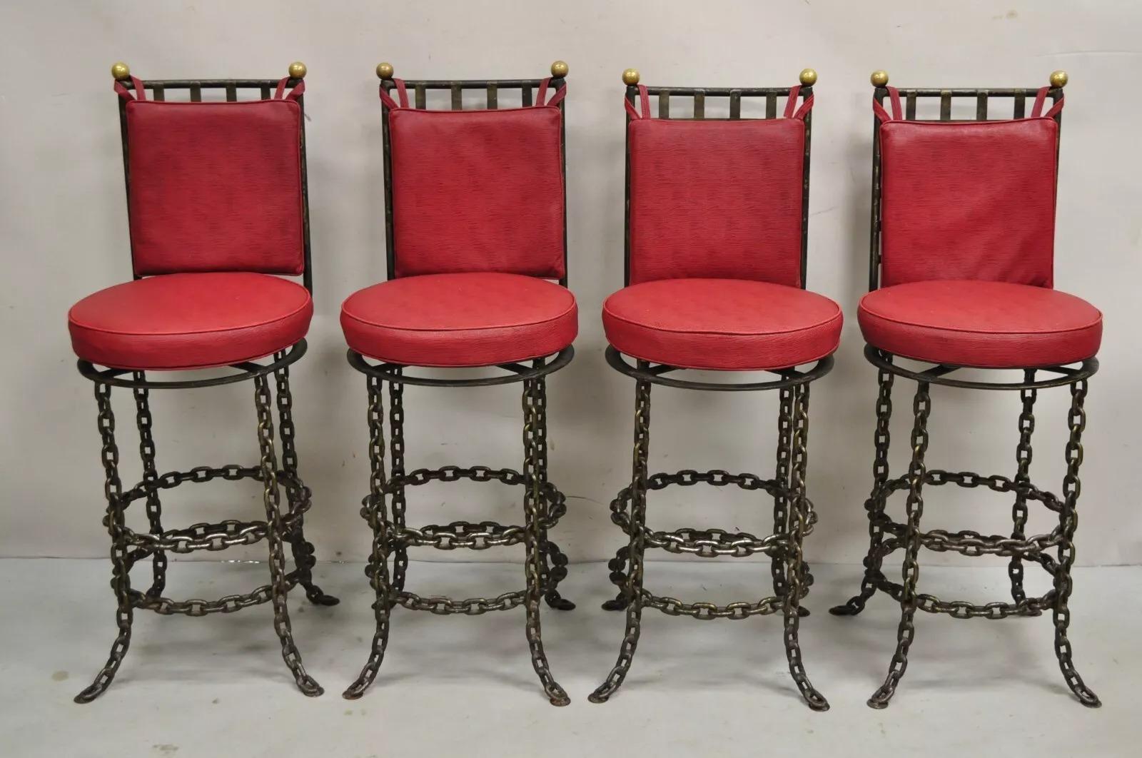 Unknown Vintage Mid Century Brutalist Iron Chain Link Swivel Counter Bar Stool Set of 4 For Sale