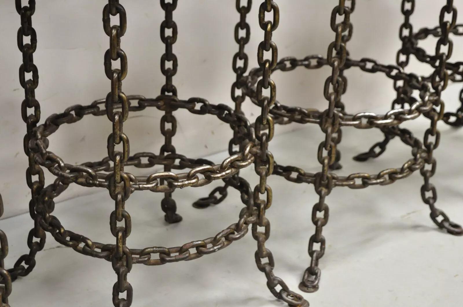 Wrought Iron Vintage Mid Century Brutalist Iron Chain Link Swivel Counter Bar Stool Set of 4 For Sale