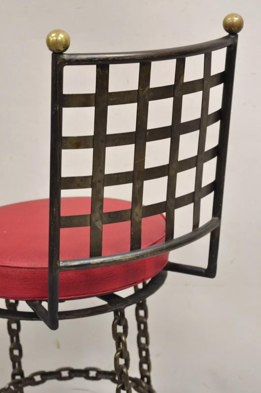 Vintage Mid Century Brutalist Iron Chain Link Swivel Counter Bar Stool Set of 4 For Sale 3
