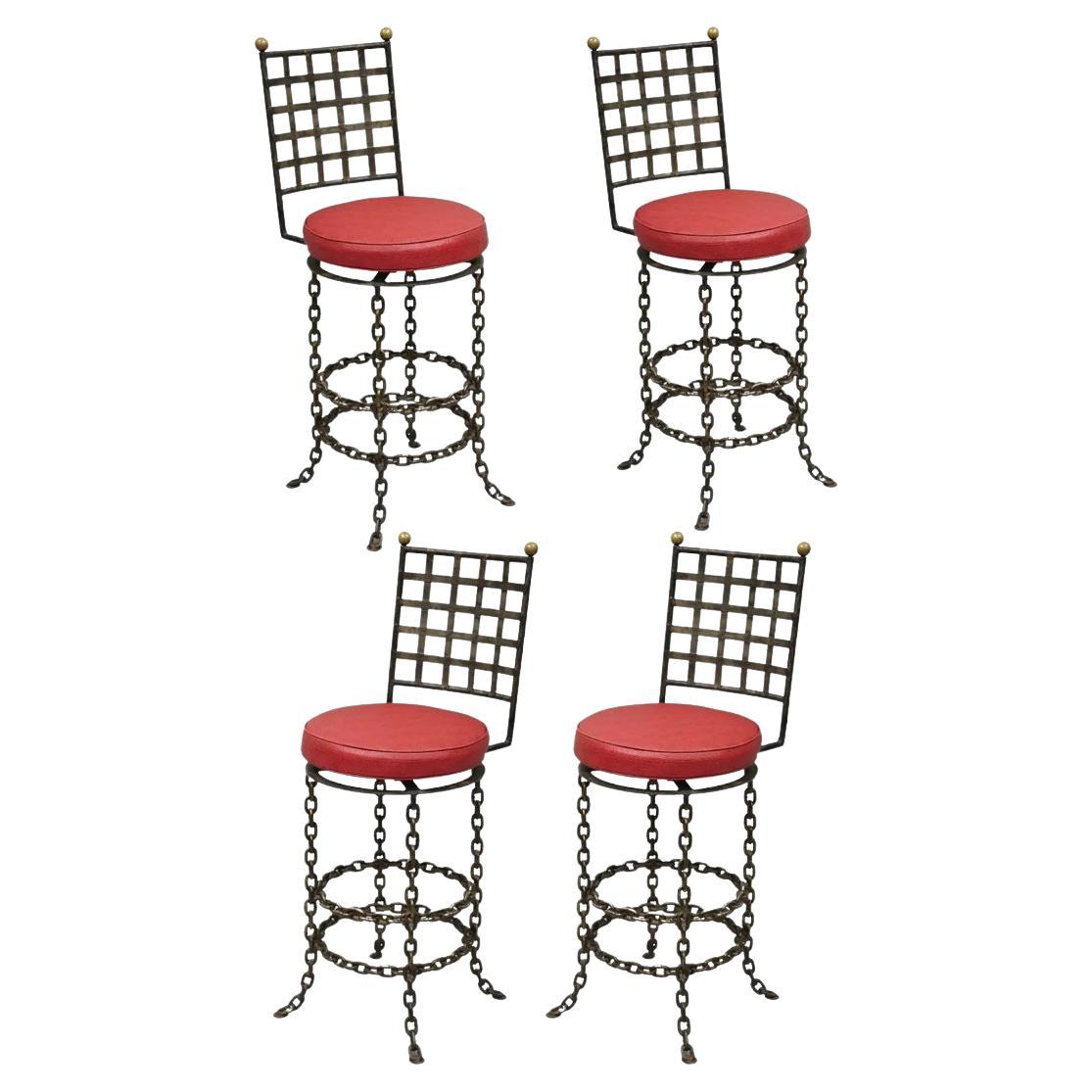 Vintage Mid Century Brutalist Iron Chain Link Swivel Counter Bar Stool Set of 4