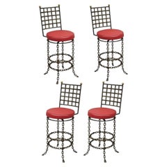 Vintage Mid Century Brutalist Iron Chain Link Swivel Counter Bar Stool Set of 4