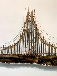 Vintage Midcentury Brutalist Metal Sculpture, Wall Art of a Bridge