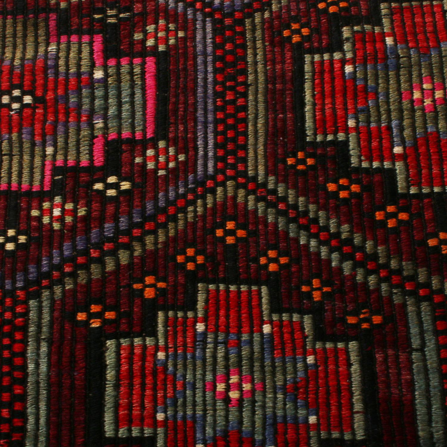 Hand-Knotted Vintage Midcentury Burgundy Red and Blue Wool Kilim Runner