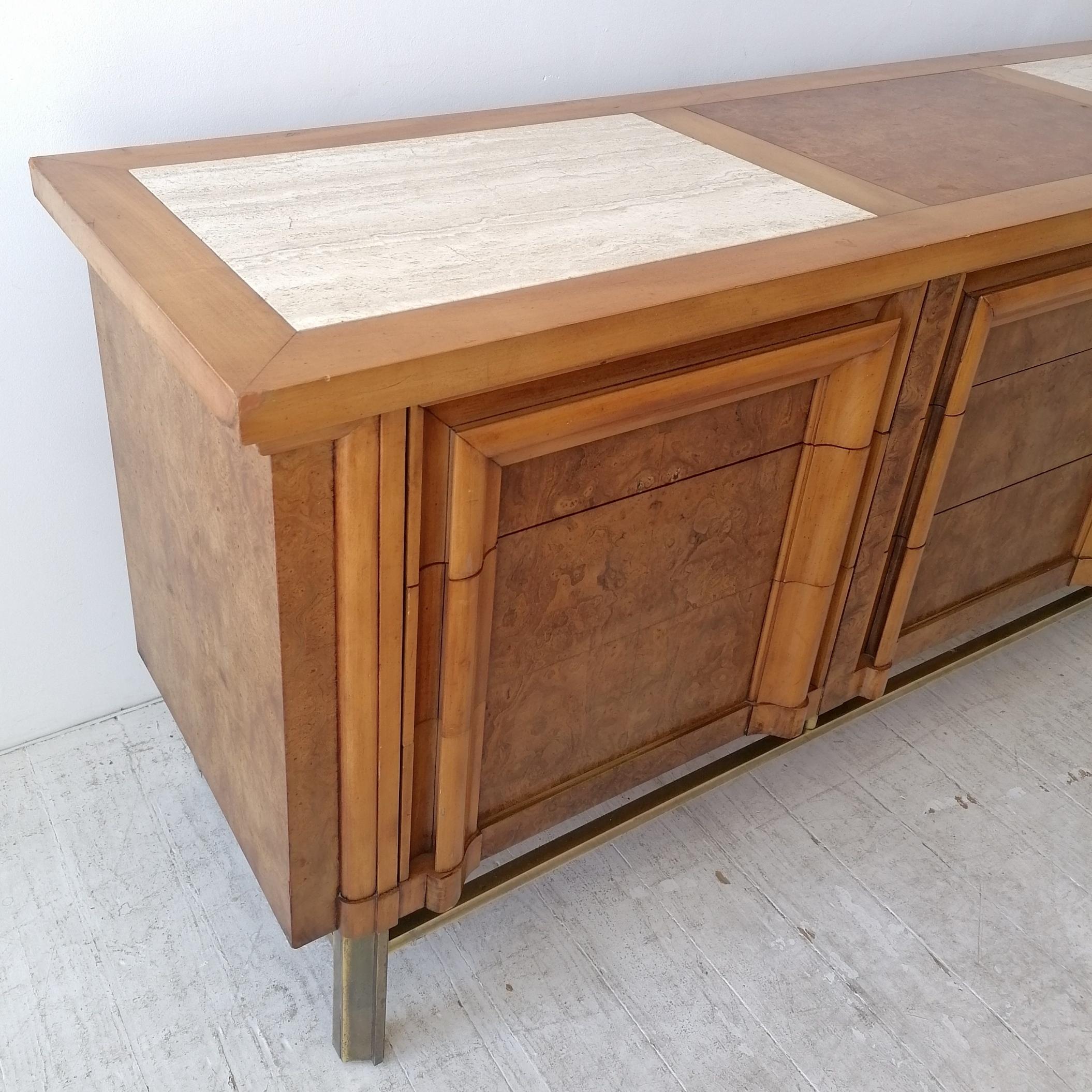 Vintage Midcentury Burl Elm, Travertine & Brass Sideboard with Drawers J L Metz 4