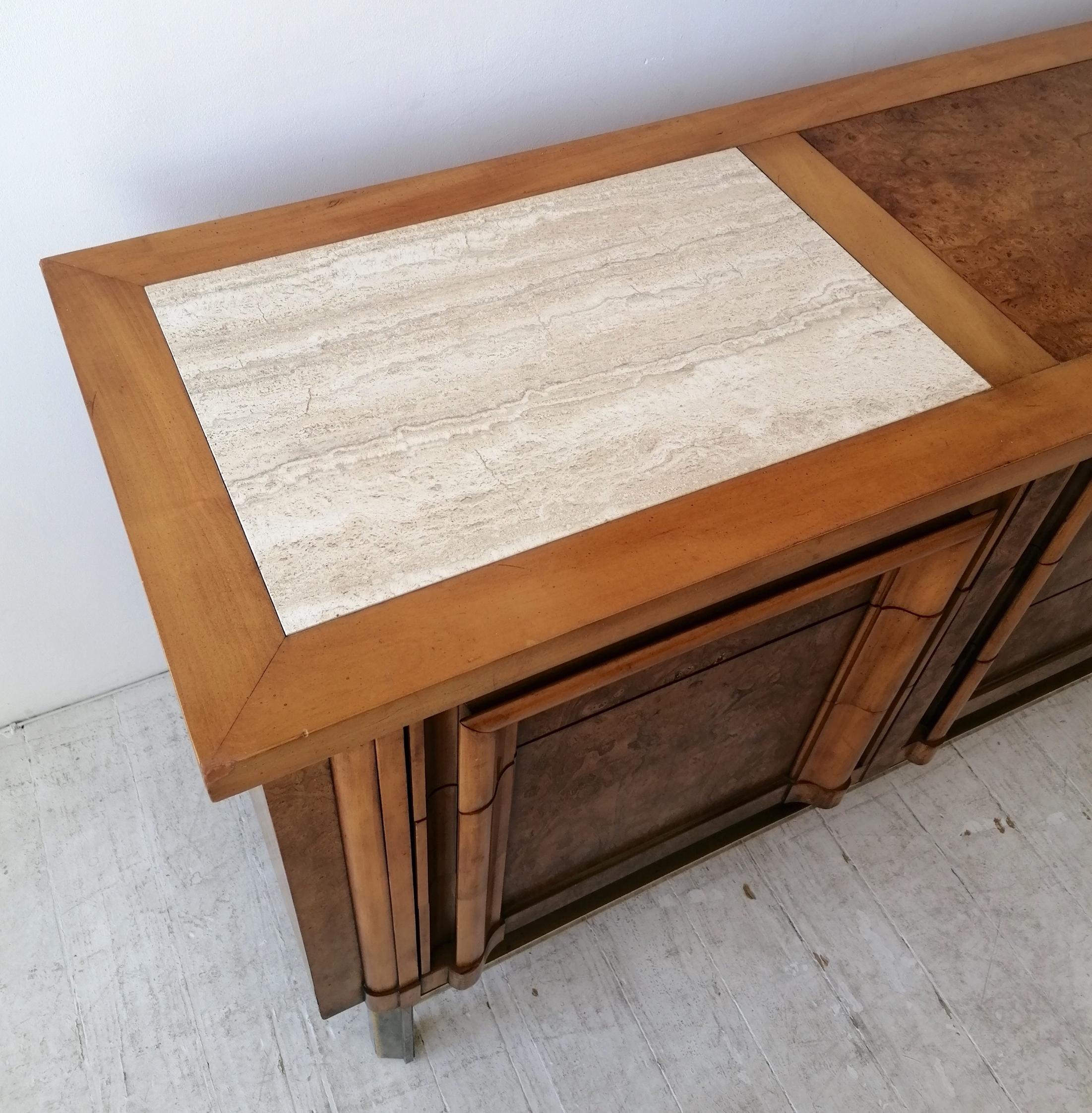 Vintage Midcentury Burl Elm, Travertine & Brass Sideboard with Drawers J L Metz 5