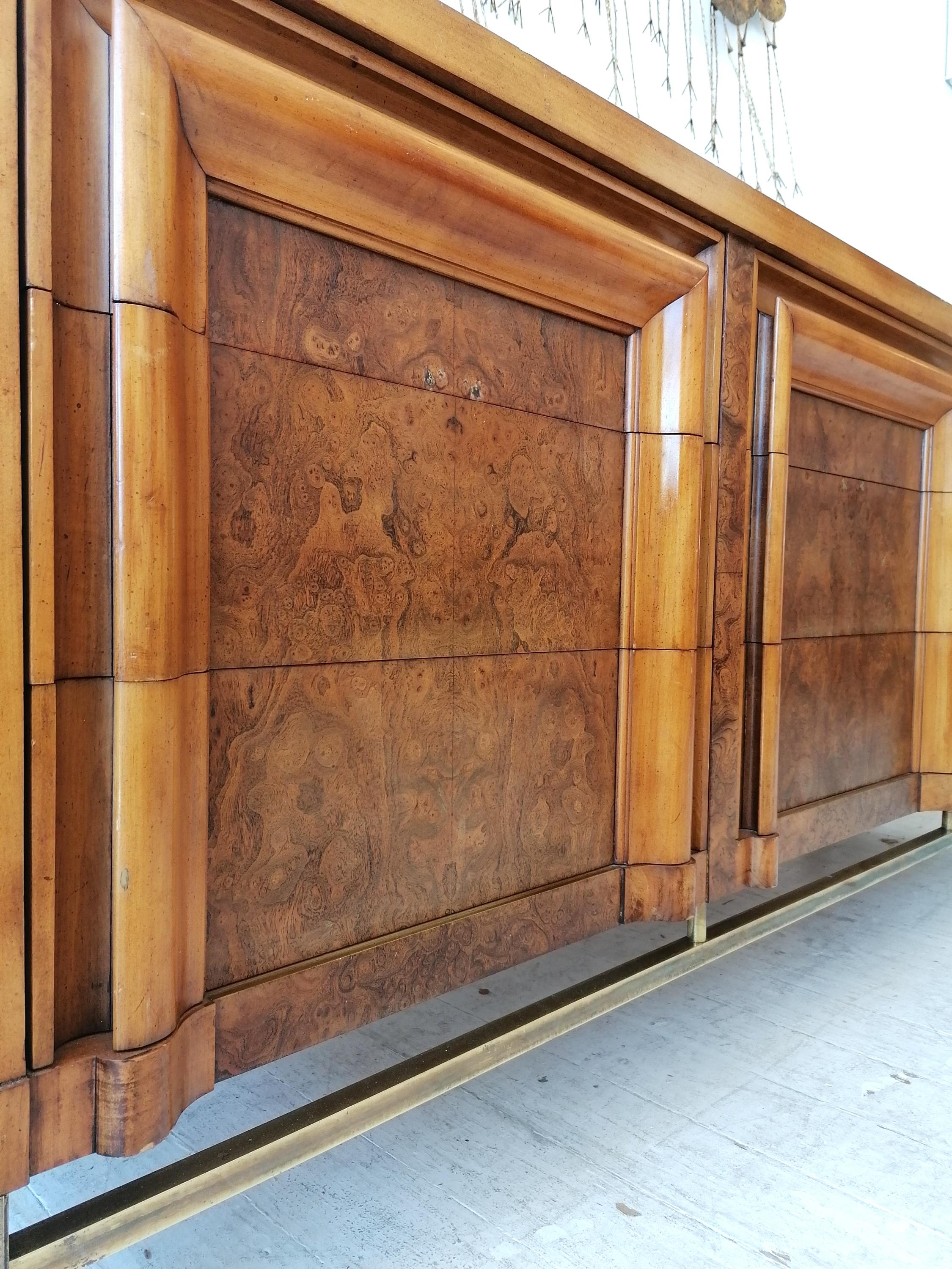 Vintage Midcentury Burl Elm, Travertine & Brass Sideboard with Drawers J L Metz 6