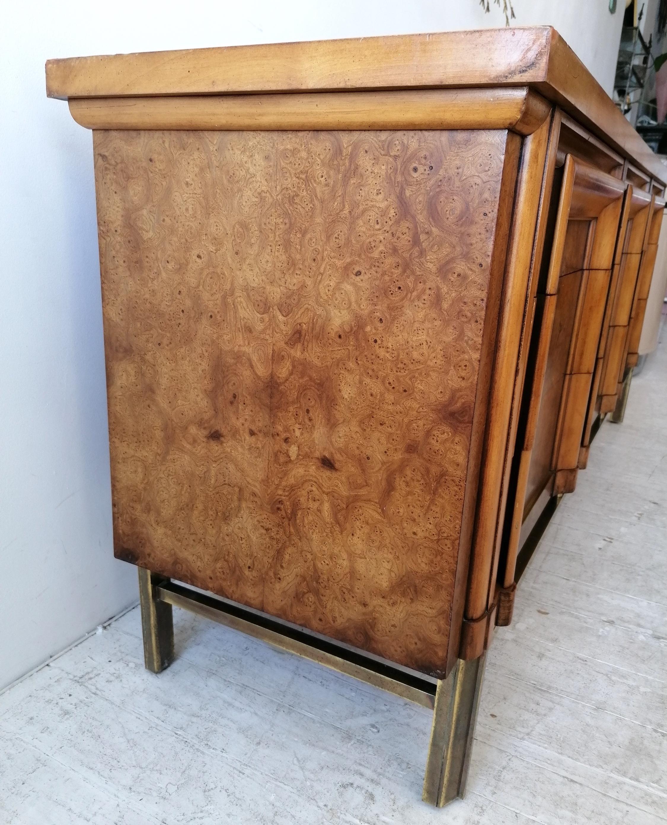 Vintage Midcentury Burl Elm, Travertine & Brass Sideboard with Drawers J L Metz 7