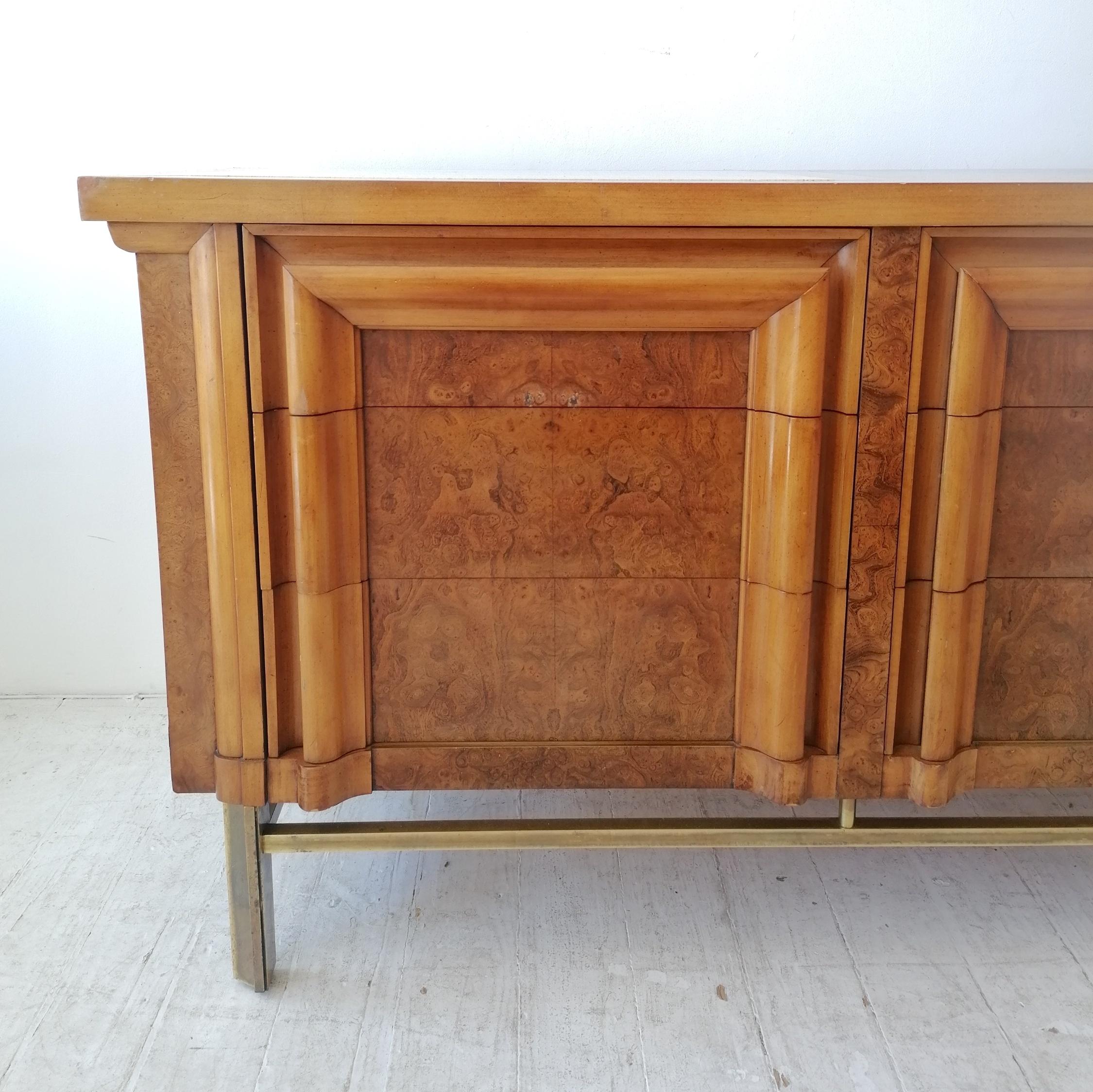 Vintage Midcentury Burl Elm, Travertine & Brass Sideboard with Drawers J L Metz 8