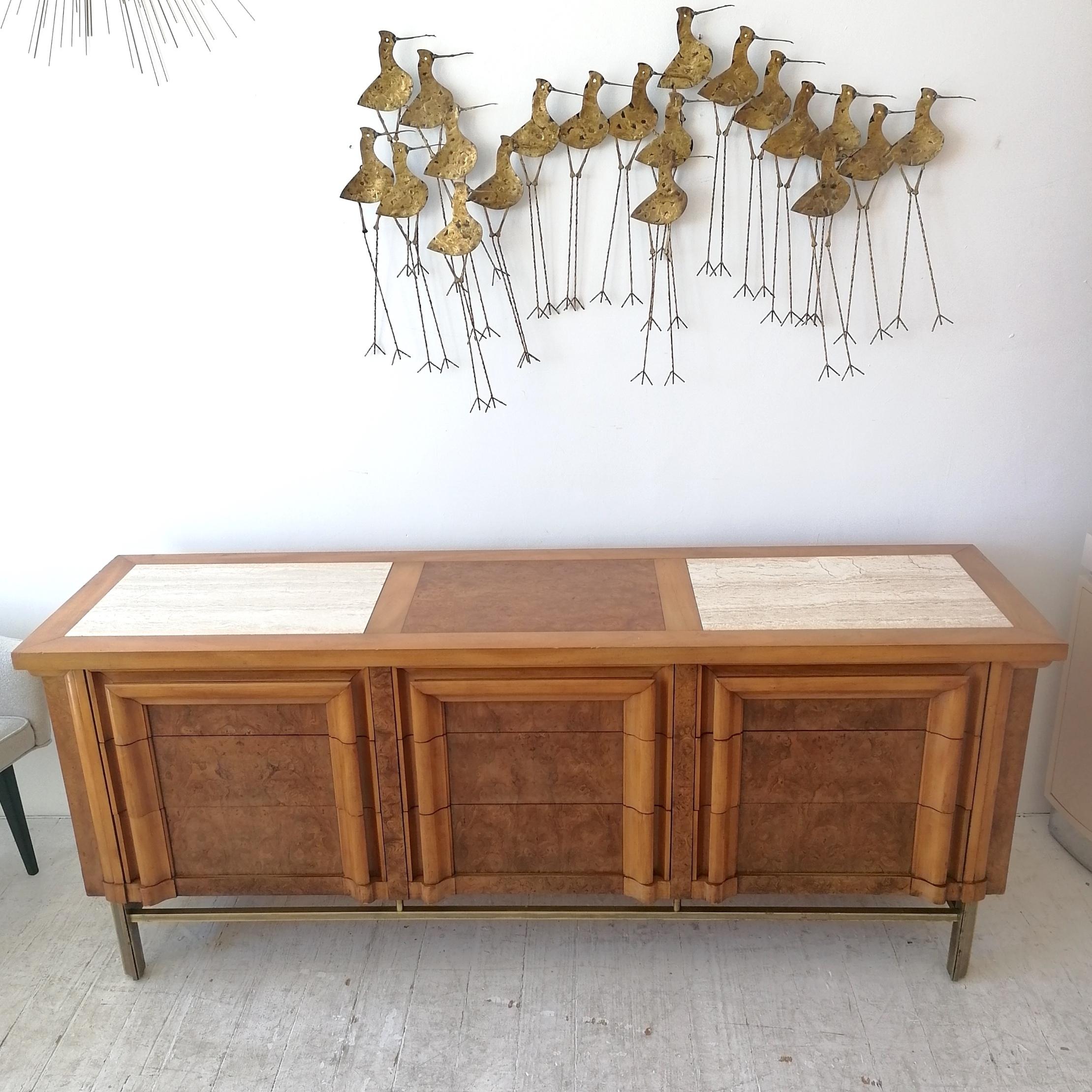 American Vintage Midcentury Burl Elm, Travertine & Brass Sideboard with Drawers J L Metz