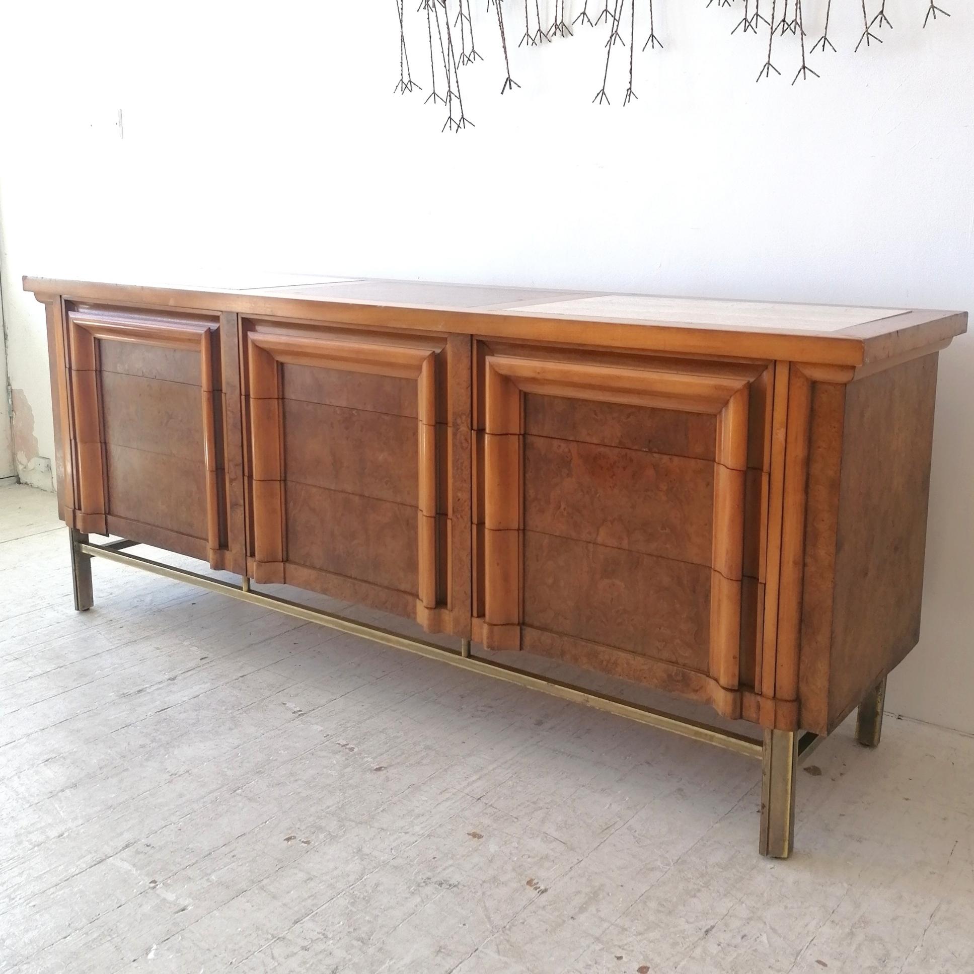 Vintage Midcentury Burl Elm, Travertine & Brass Sideboard with Drawers J L Metz In Good Condition In Hastings, GB