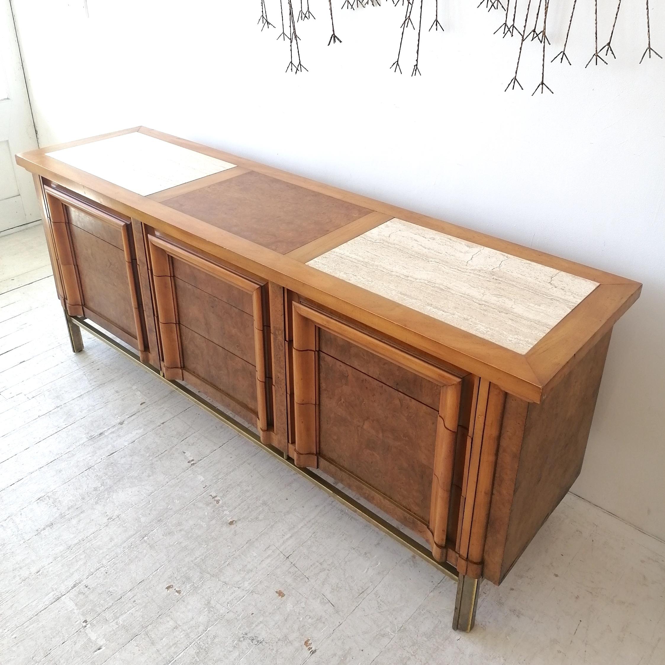 20th Century Vintage Midcentury Burl Elm, Travertine & Brass Sideboard with Drawers J L Metz