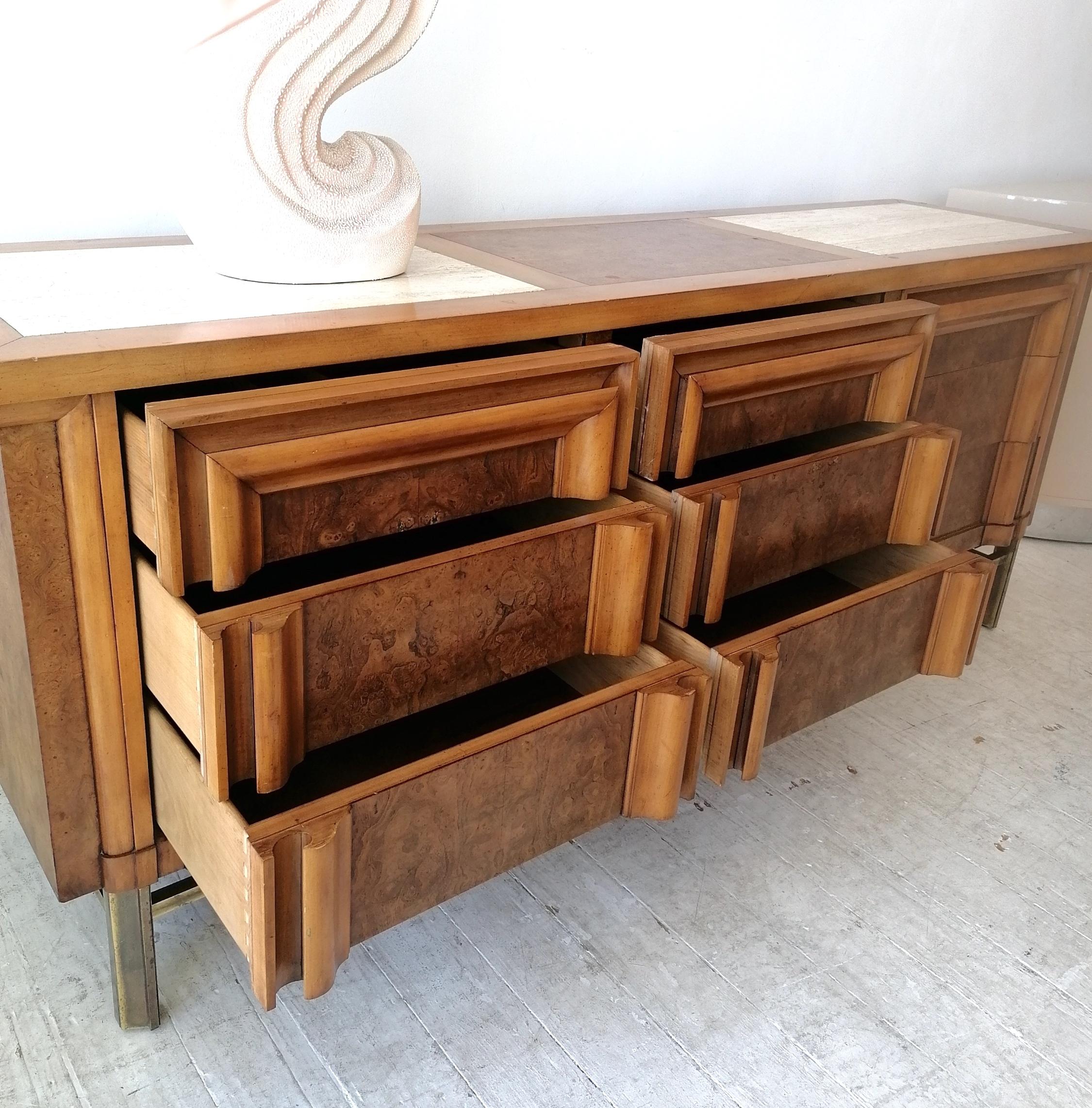 Vintage Midcentury Burl Elm, Travertine & Brass Sideboard with Drawers J L Metz 1