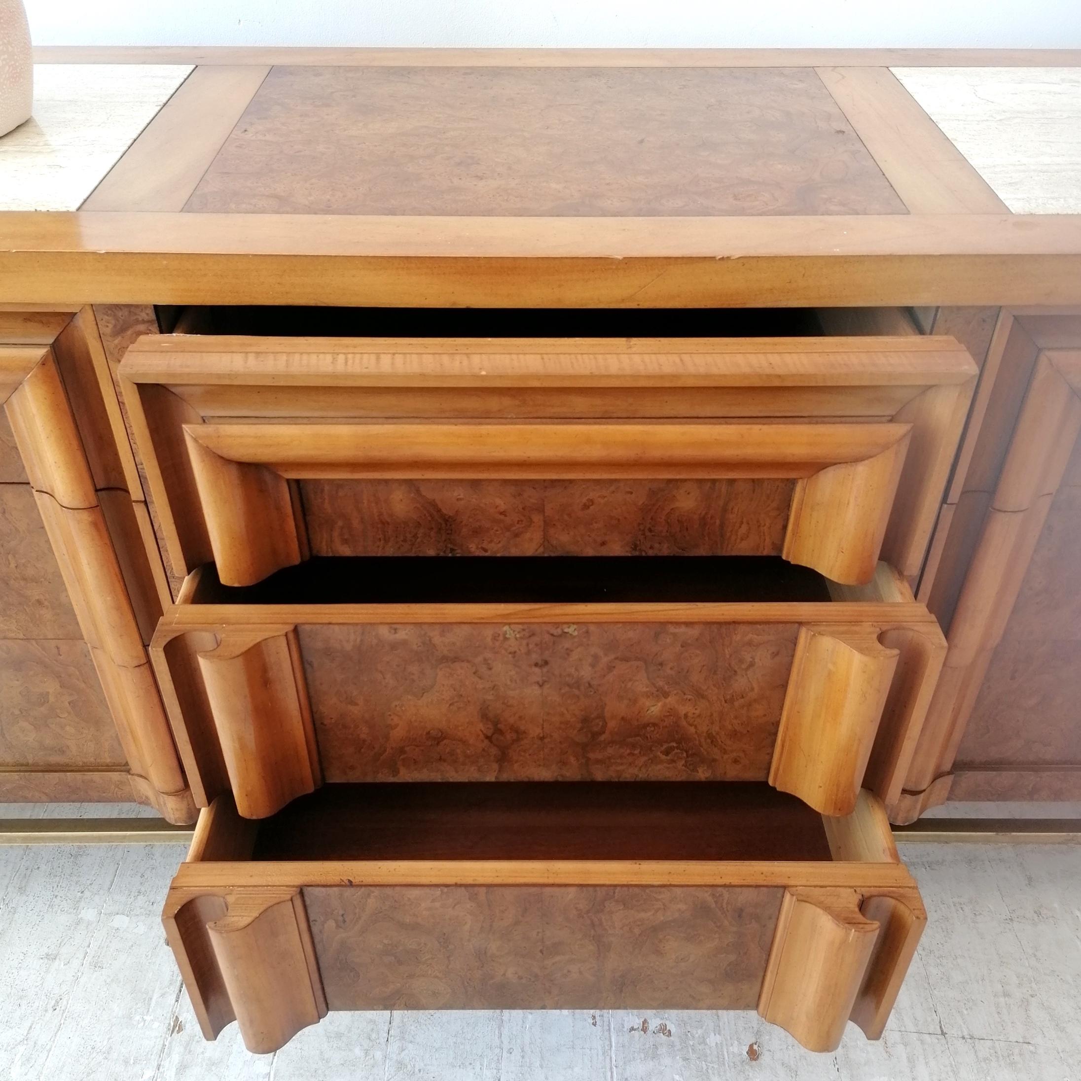 Vintage Midcentury Burl Elm, Travertine & Brass Sideboard with Drawers J L Metz 2