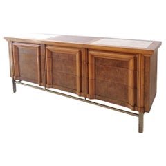 Vintage Midcentury Burl Elm, Travertine & Brass Sideboard with Drawers J L Metz