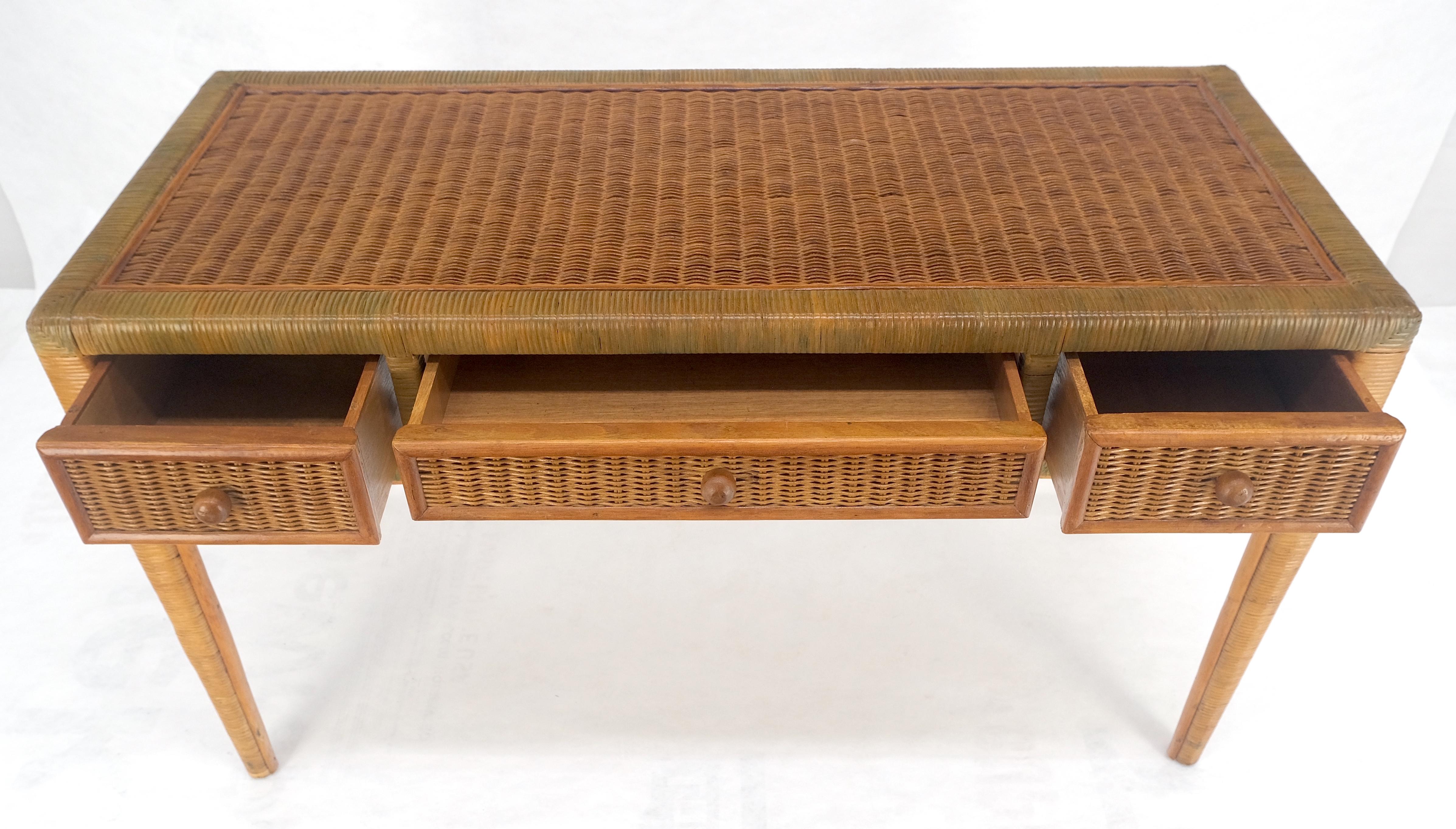 American Vintage Mid Century c1970s Wicker Low Profile 3 Drawer Desk Console Mint For Sale