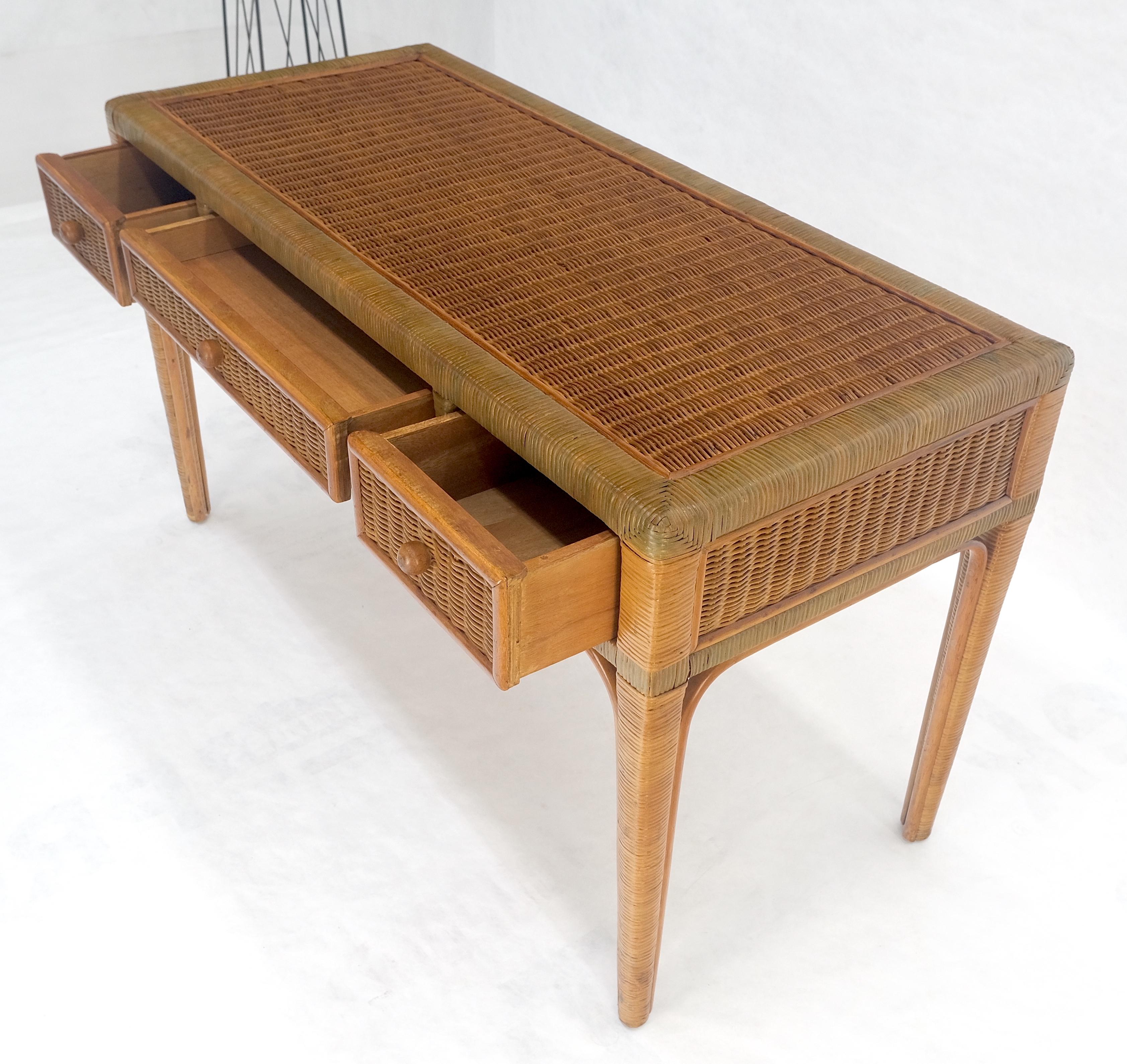 Lacquered Vintage Mid Century c1970s Wicker Low Profile 3 Drawer Desk Console Mint For Sale