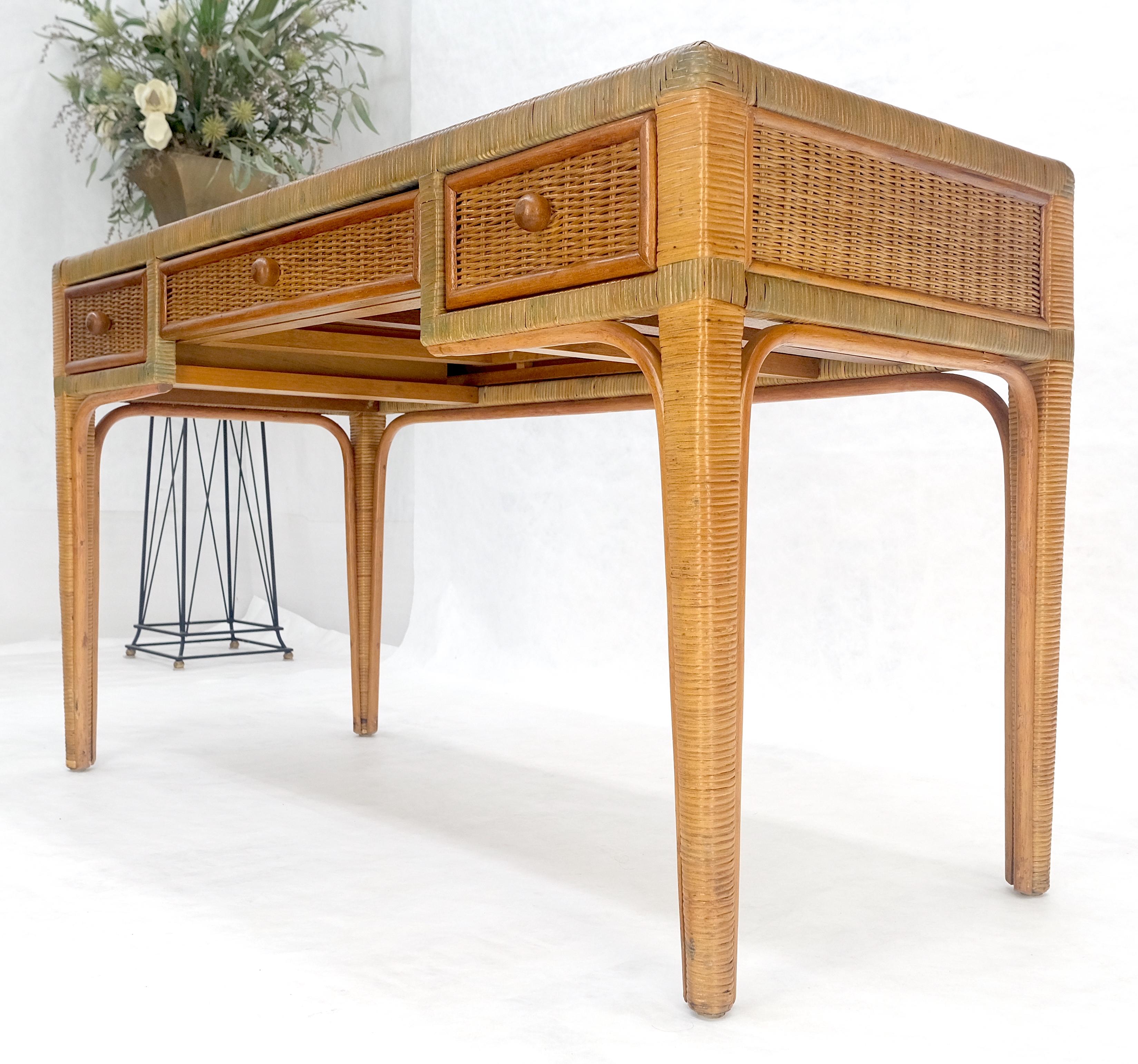 20th Century Vintage Mid Century c1970s Wicker Low Profile 3 Drawer Desk Console Mint For Sale