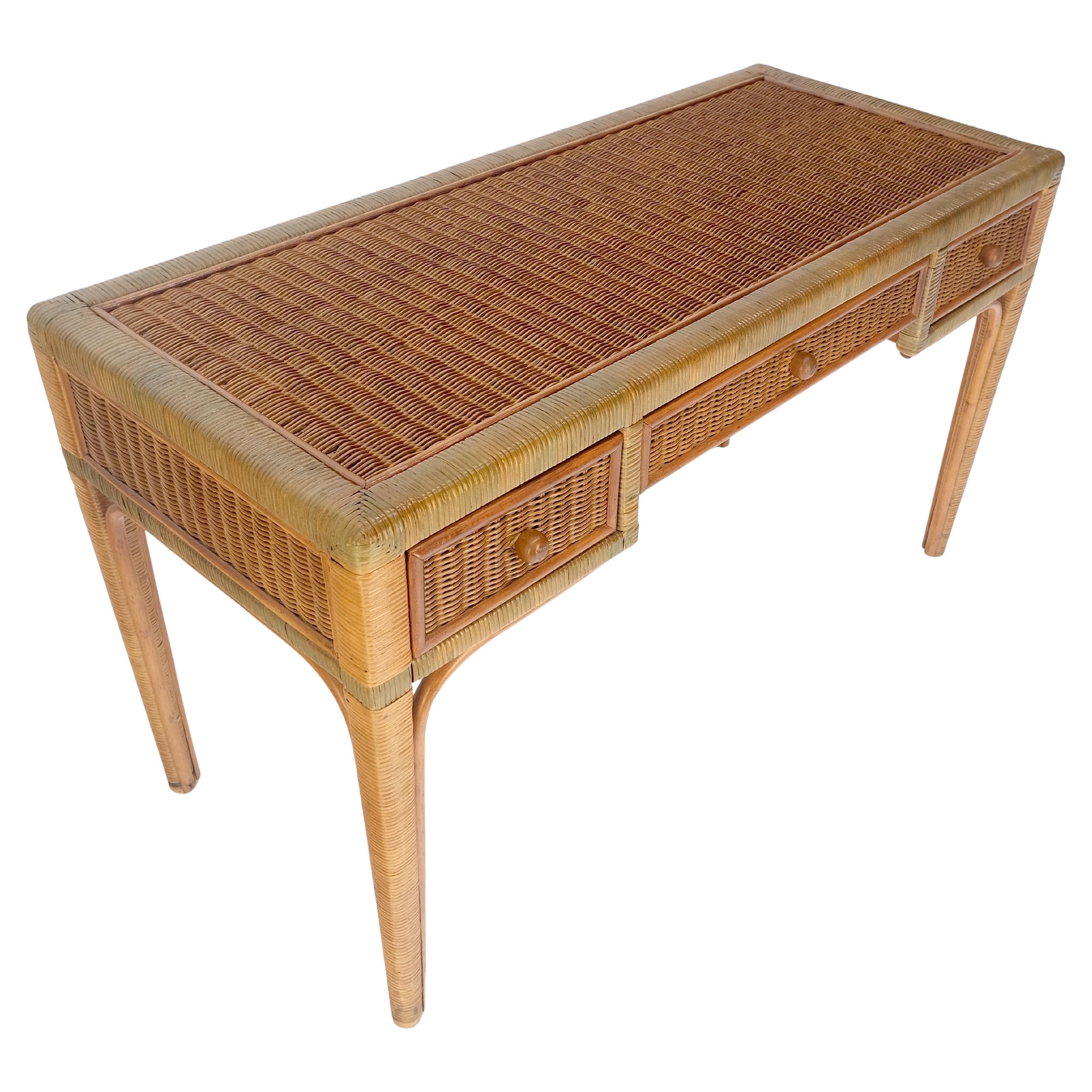 Vintage Mid Century c1970s Wicker Low Profile 3 Drawer Desk Console Mint For Sale