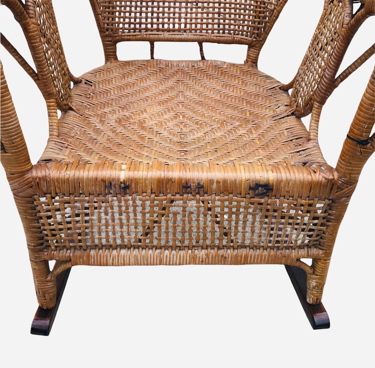 British Colonial Vintage Mid Century Cane Woven Rocker For Sale